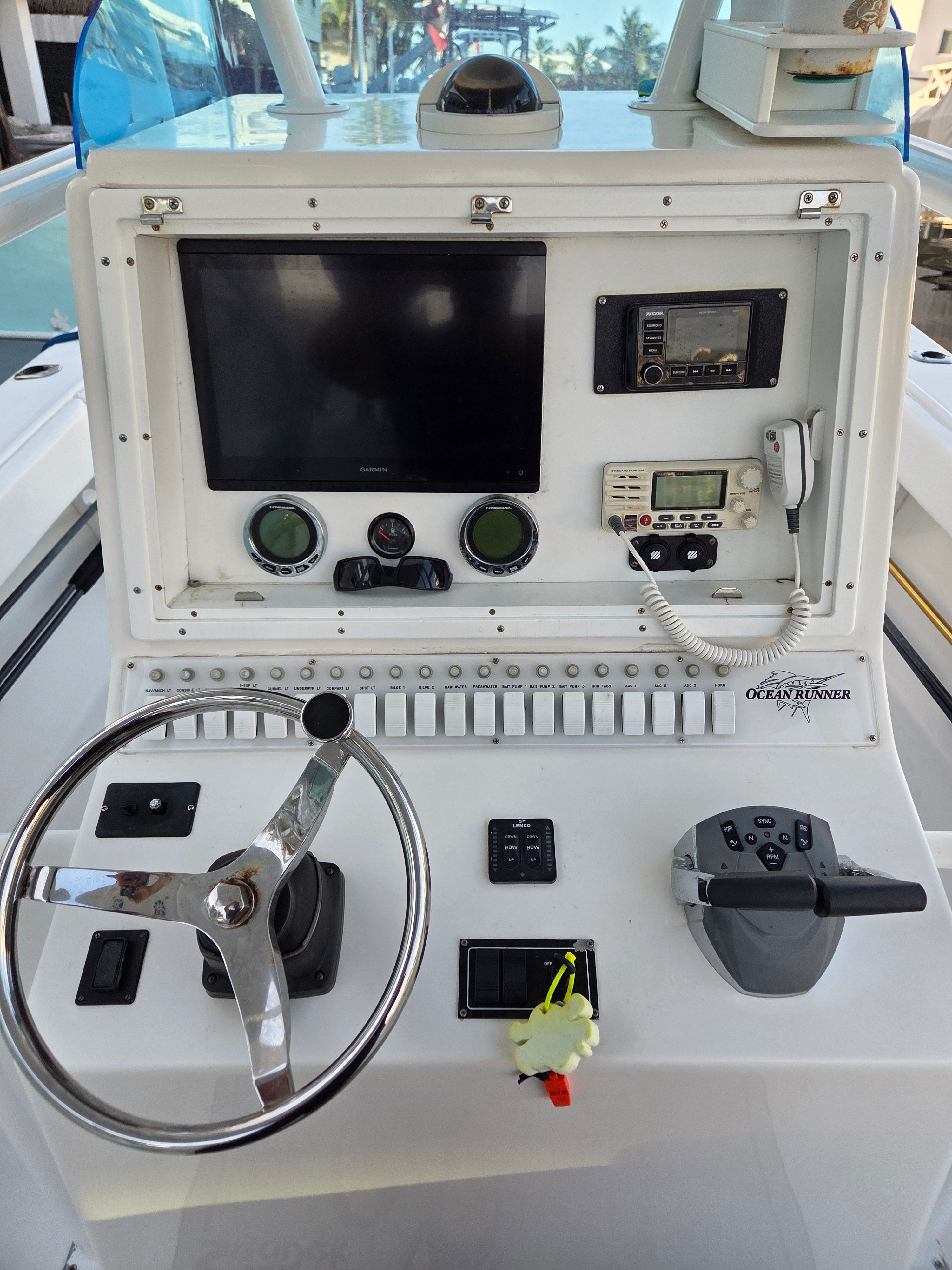 Control console of a 2012 Ocean Runner 29 boat.