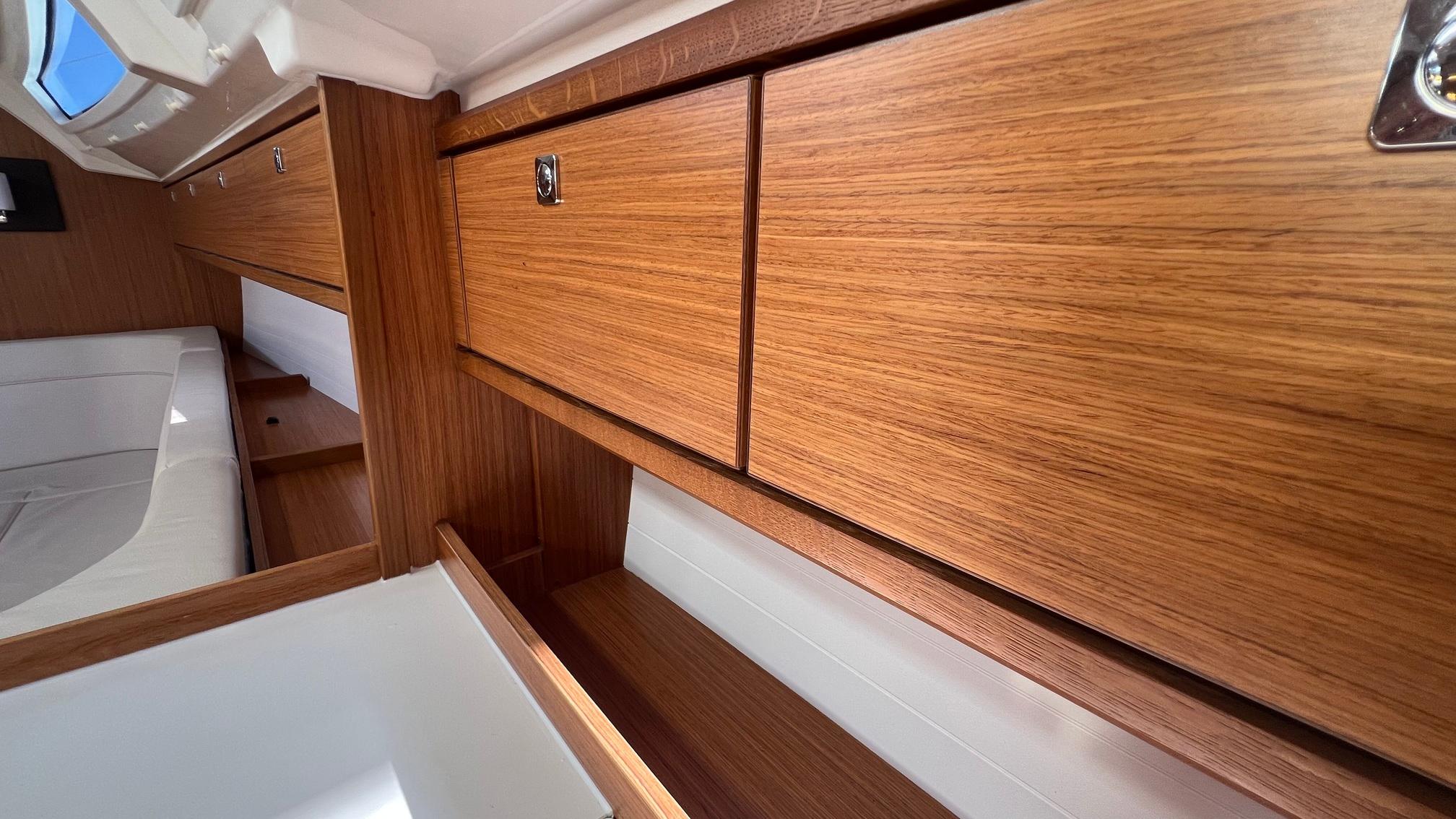 Interior of Bavaria Cruiser 41, 2022, featuring wooden cabinetry.