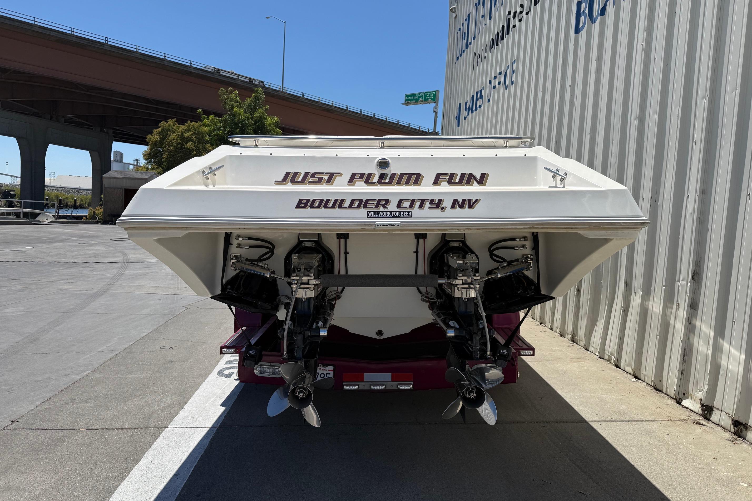 1998 Fountain 35 Lightning boat with dual engines, labeled "Just Plum Fun," Boulder City, NV.