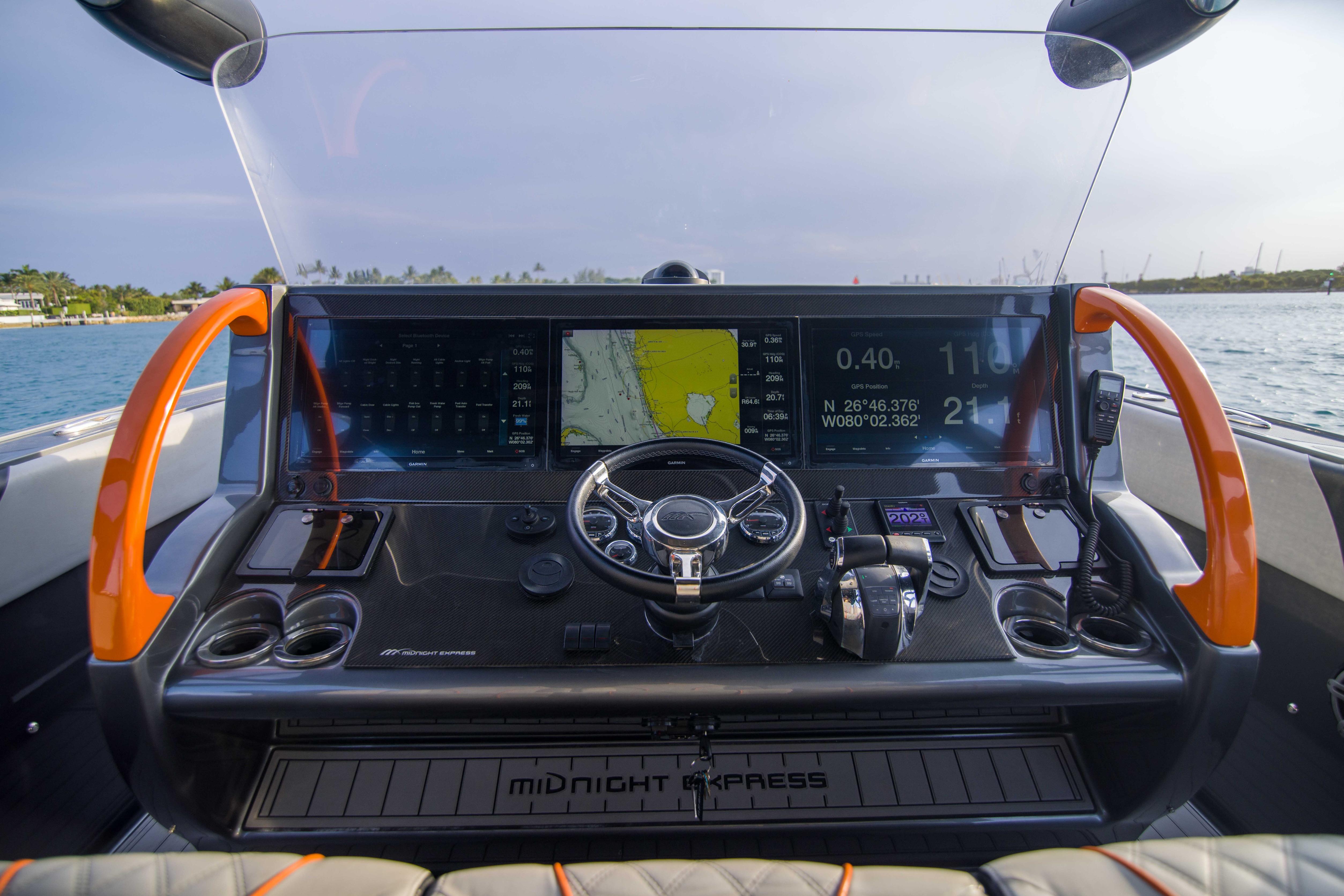 Cockpit of 2019 Midnight Express 43 Open boat with advanced navigation system.