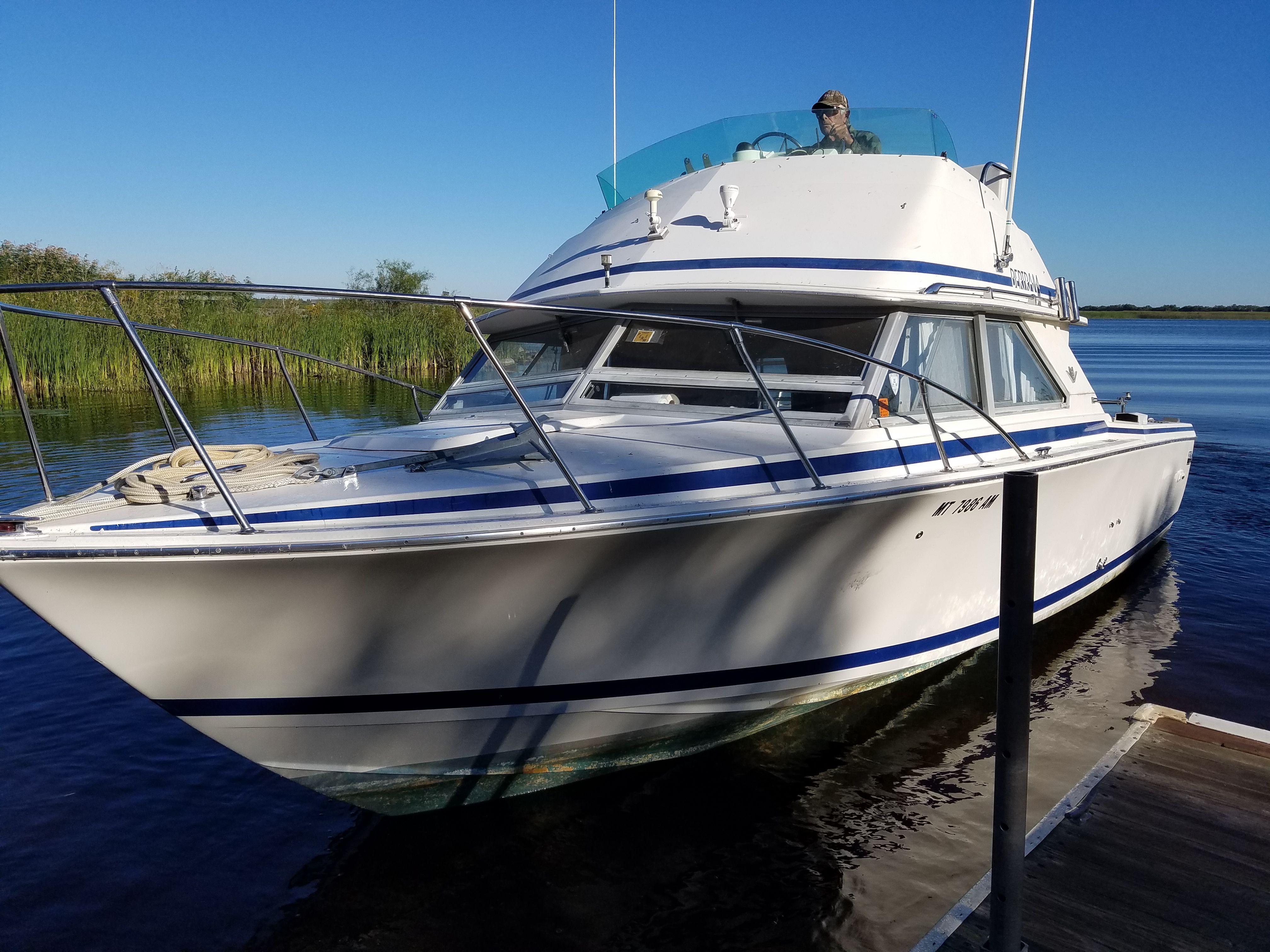 A 1983 Bertram Flybridge Cruiser docked. The boat features a blue and white design.