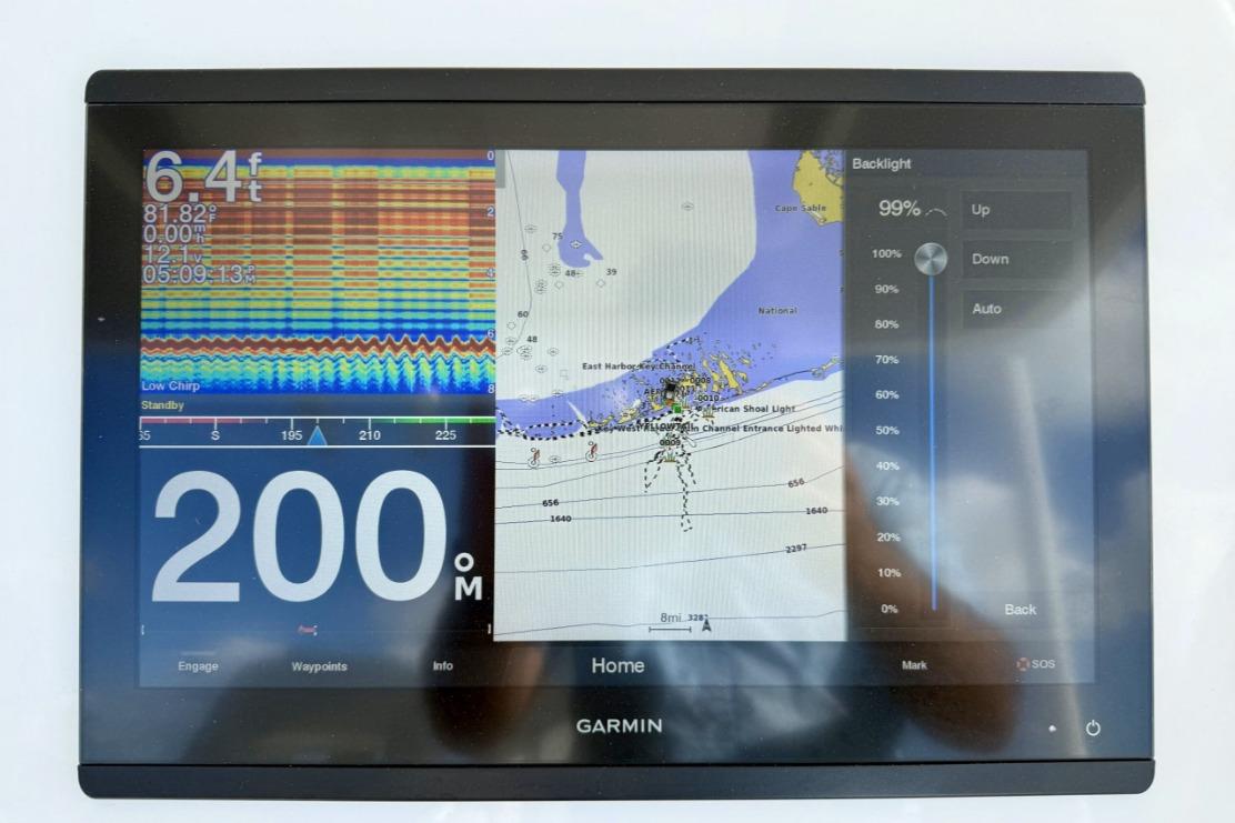 Garmin marine display on 2019 Regulator 31, showing sonar and navigation data.