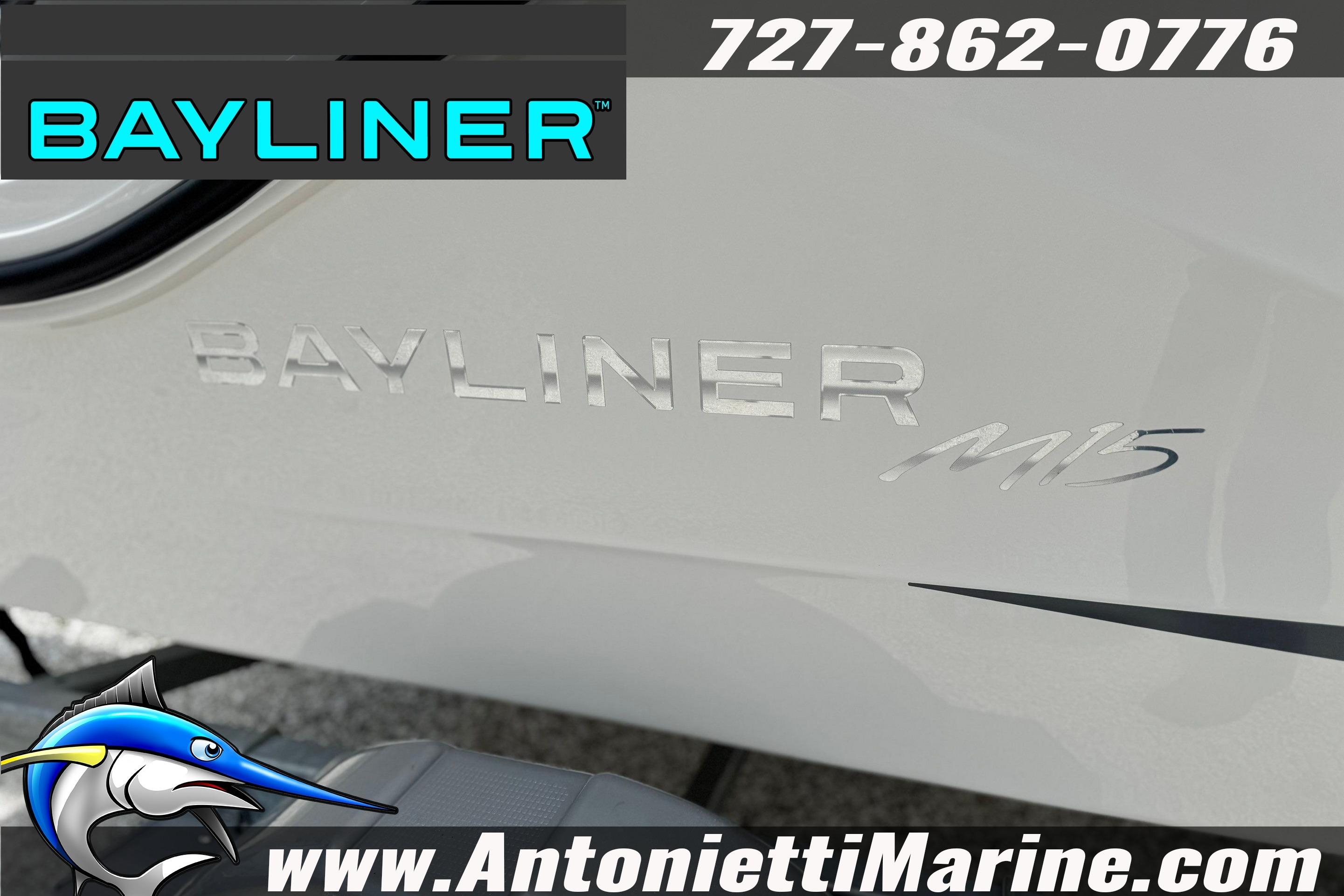 2024 Bayliner Element M15 boat branding with contact details and logo.