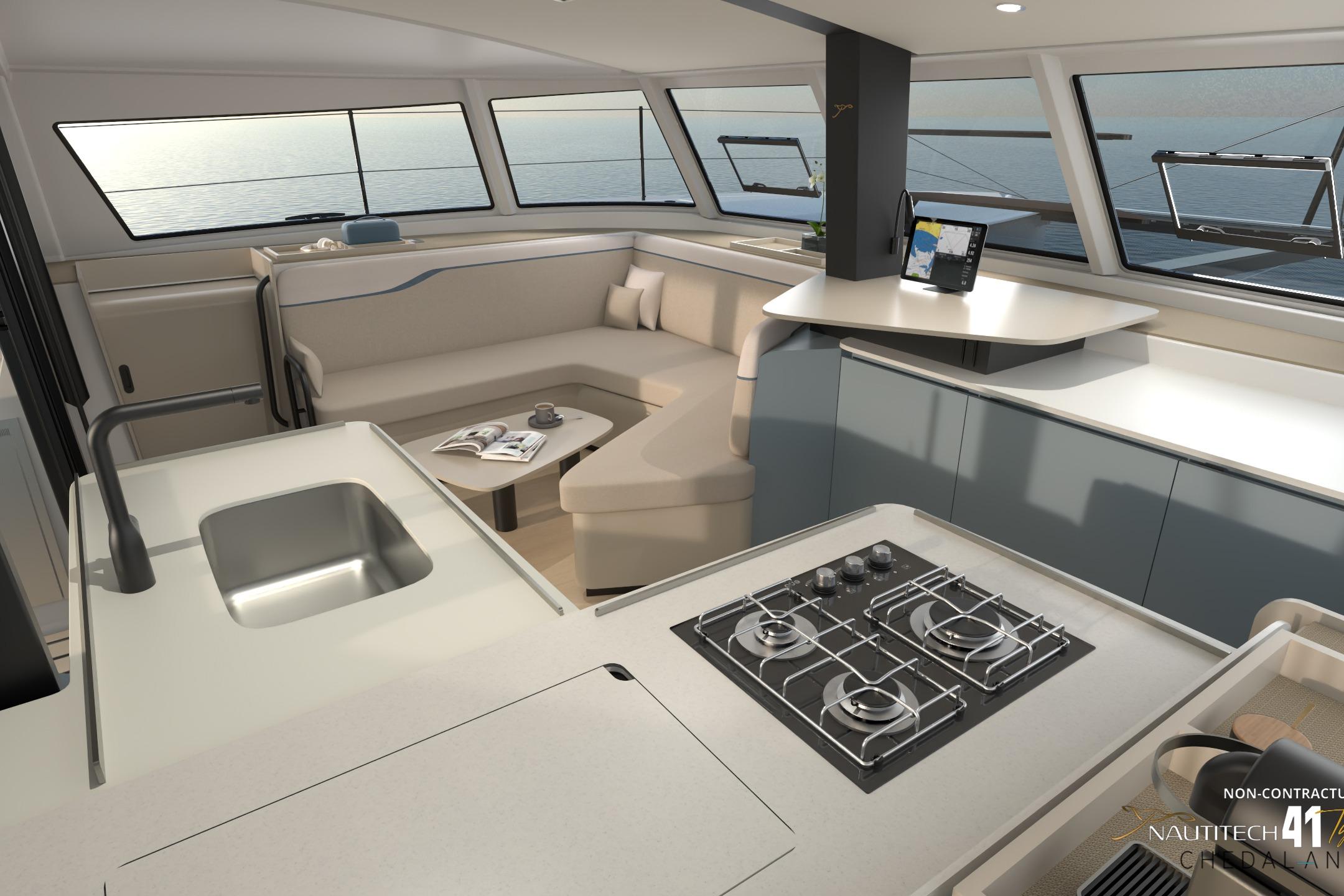 Interior of Nautitech 41 Type S yacht, modern design, 2026 model.