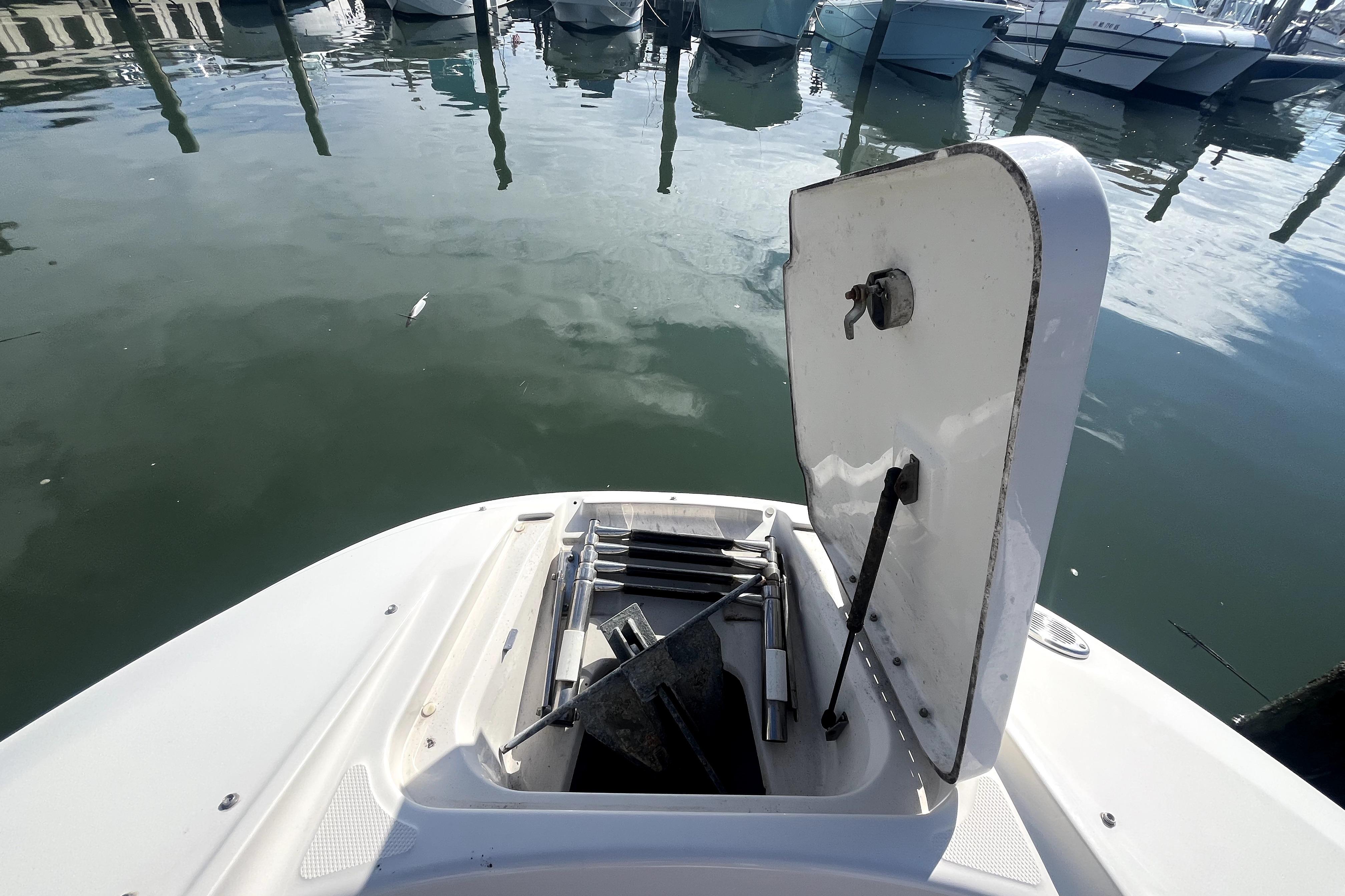 Open storage compartment on 2010 Sea Ray 220 Sundeck boat, docked at marina.