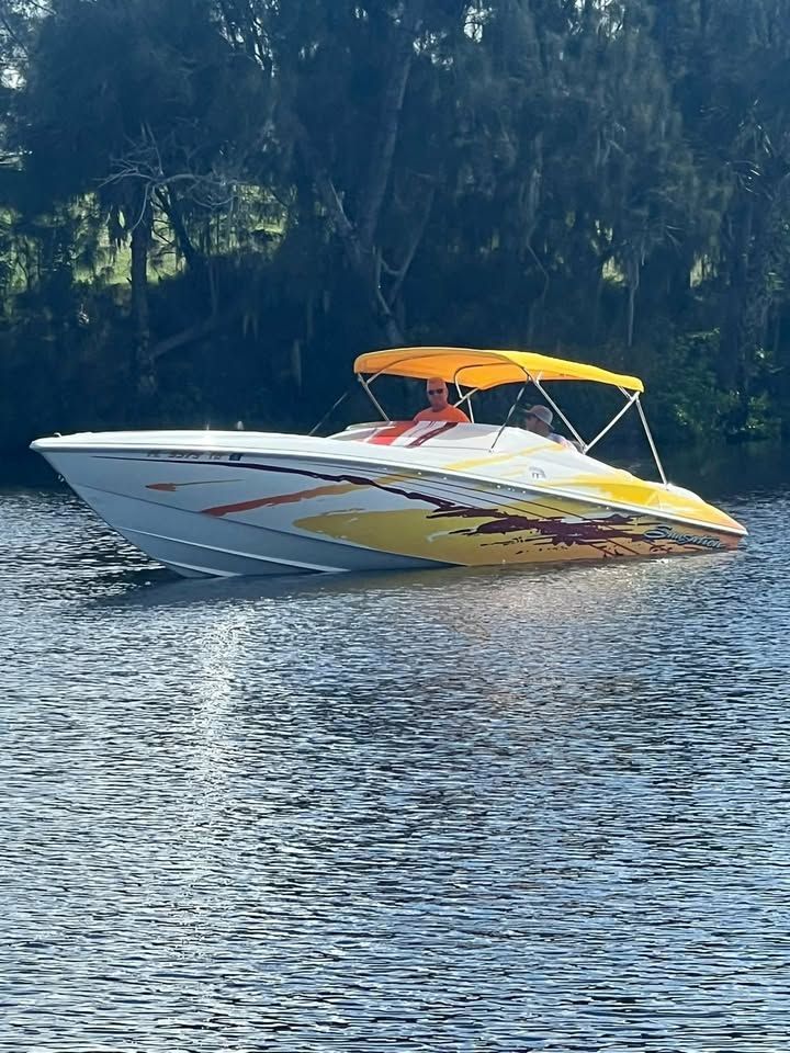 2003 Sunsation 32 Dominator on calm water with yellow canopy.