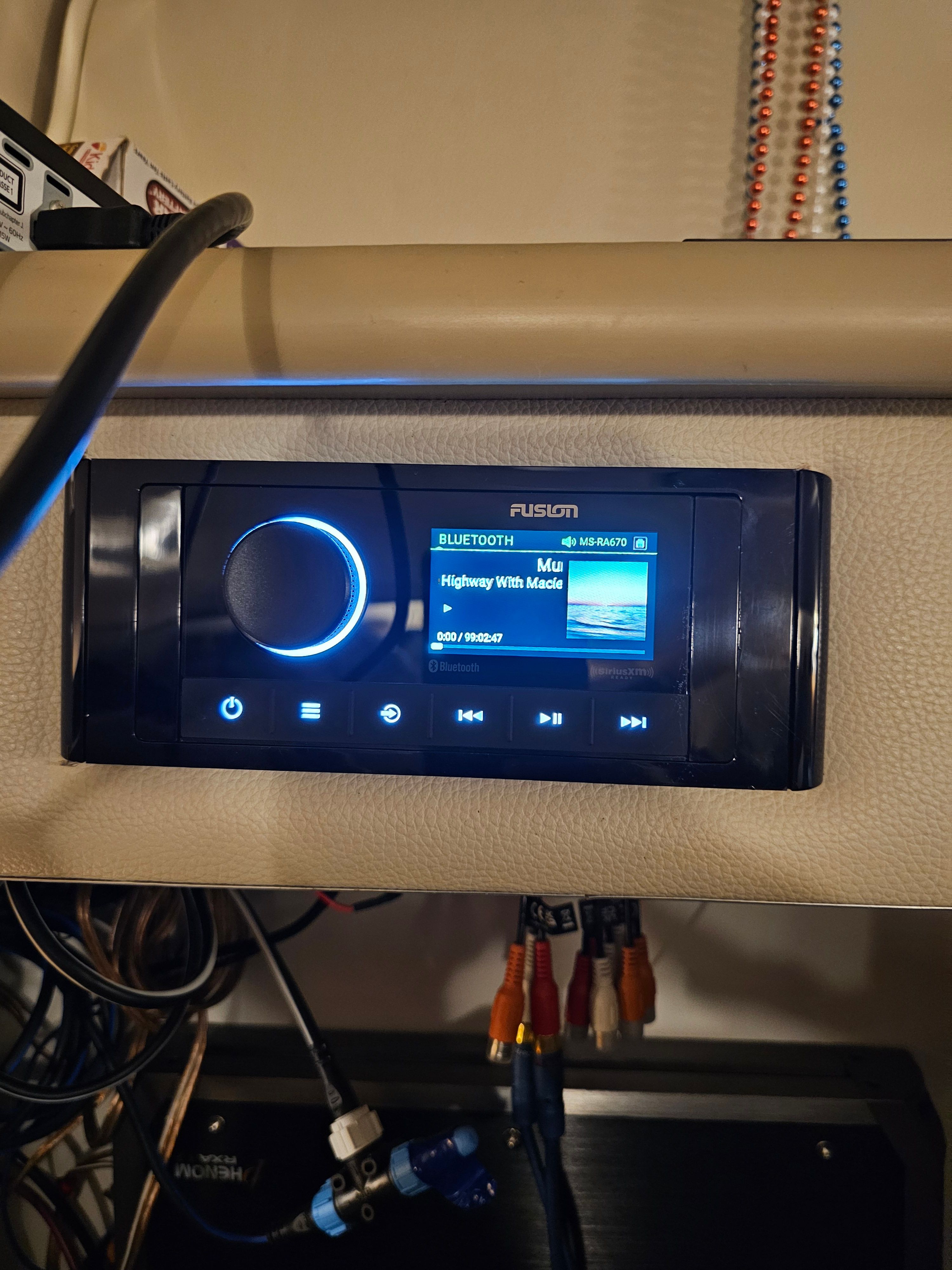 Fusion Bluetooth stereo system in a 2005 Robalo R265 Walkaround boat.