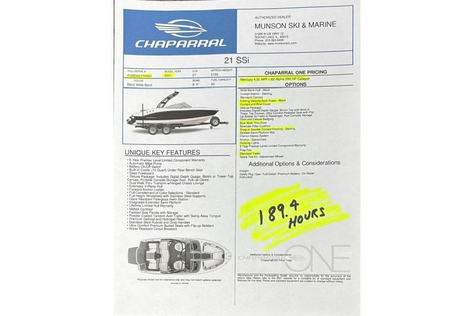 2021 Chaparral 21 SSi boat specifications and features sheet with 189.4 hours highlighted.