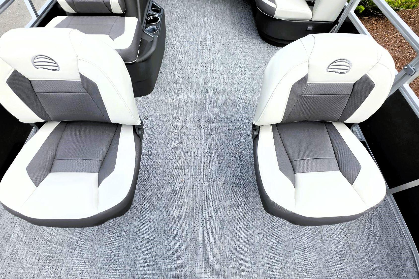 2026 Sun Tracker Bass Buggy 16 XL Select boat seats, featuring gray and white upholstery.