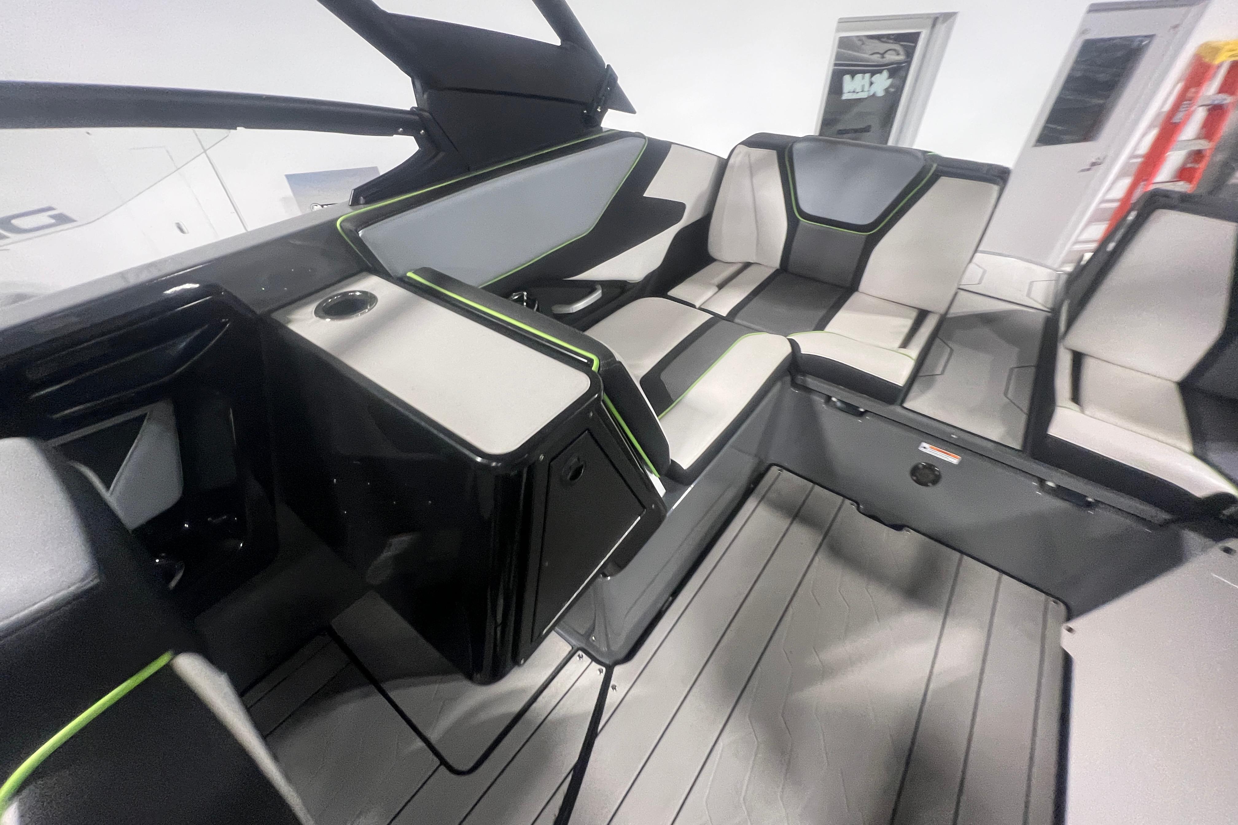 Interior of 2021 Yamaha Boats 255XD, featuring sleek seating and modern design elements.