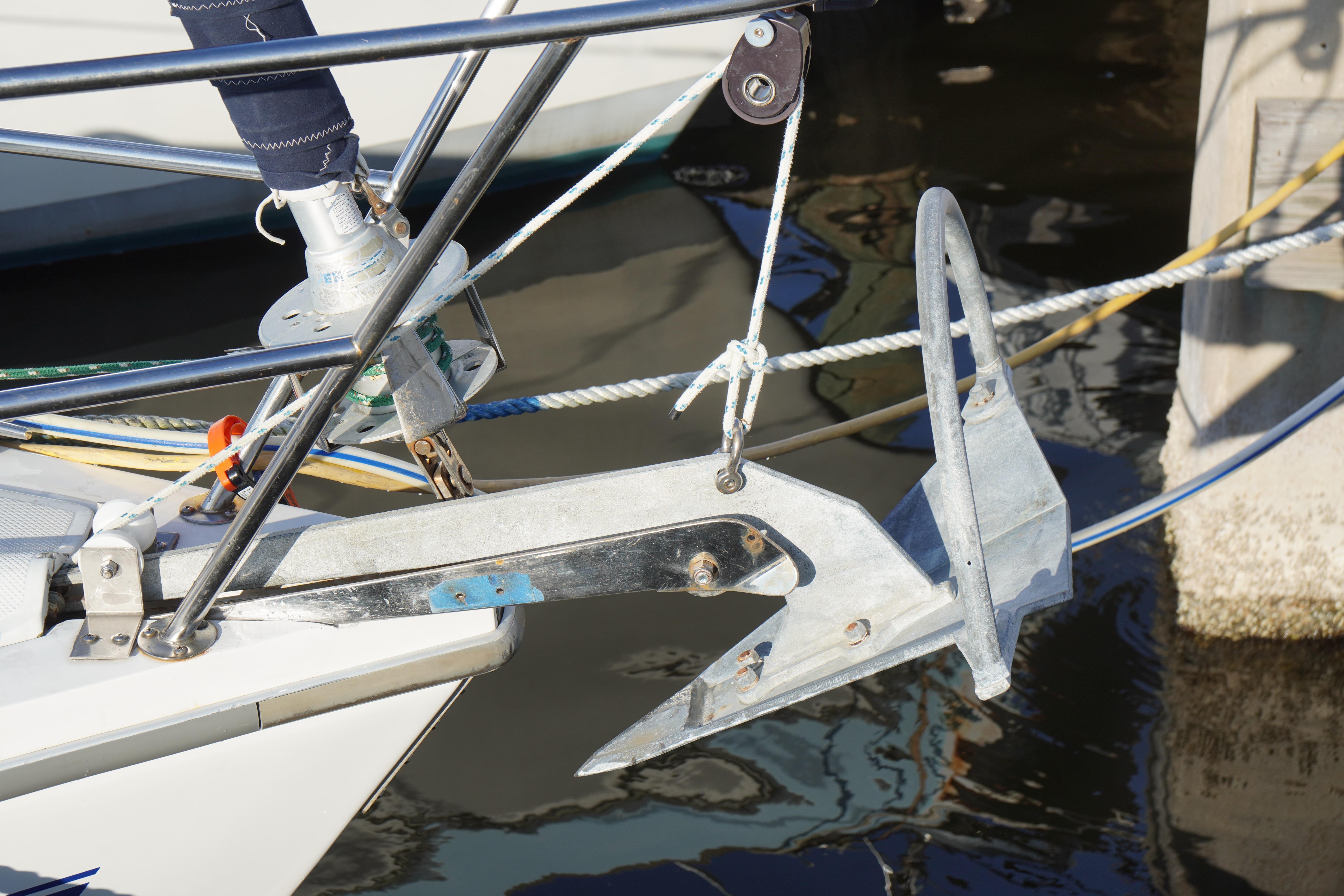Anchor and bow of 2000 Catalina 36 MkII sailboat at dock.