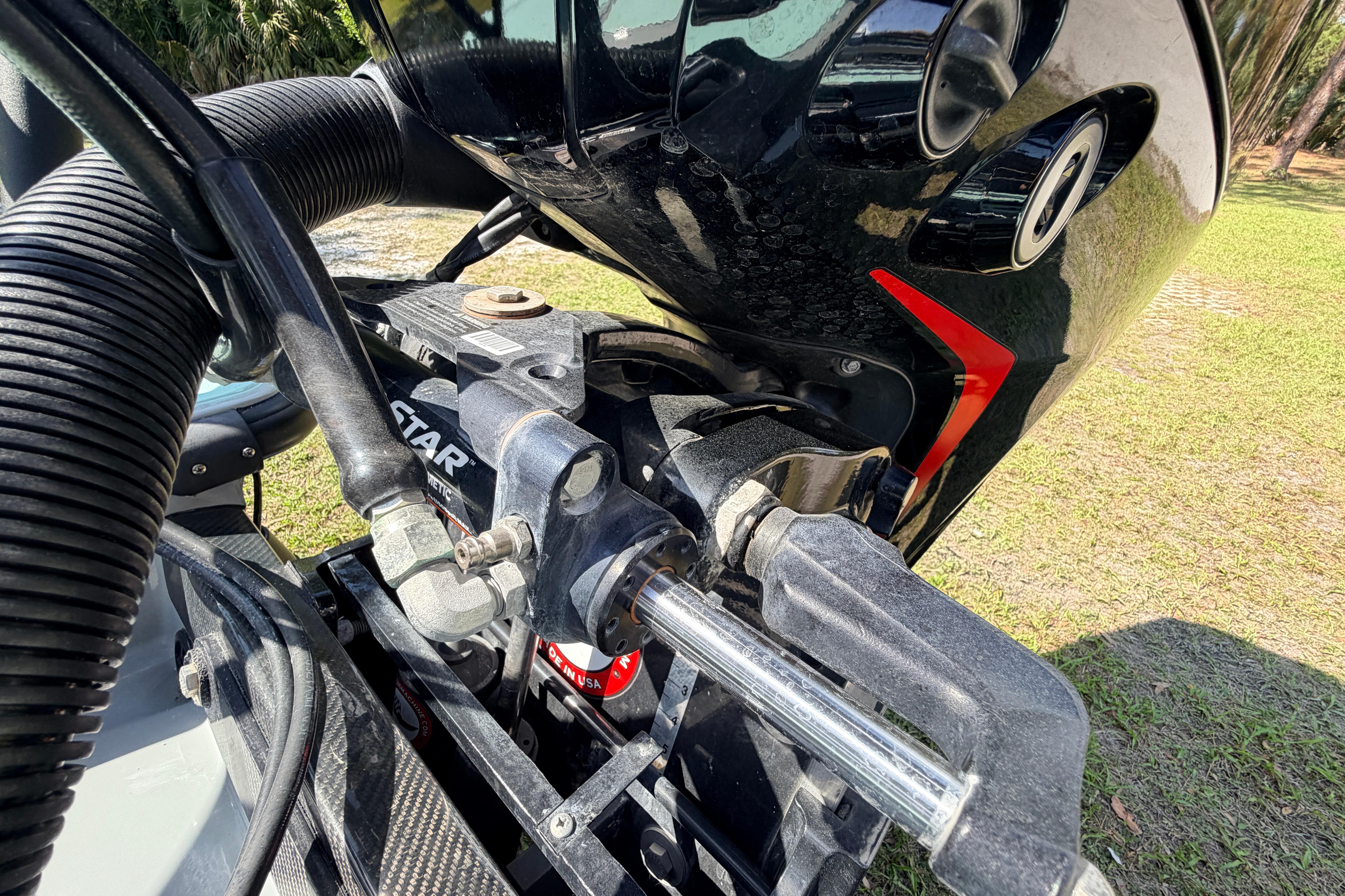 Close-up of 2022 Chittum Skiffs Islamorada 21 boat engine components.
