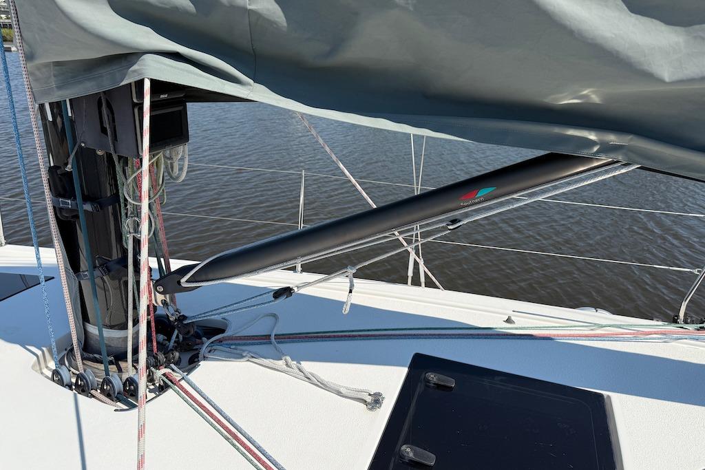 2016 X-Yachts Xp38 sailboat deck with rigging and boom details.