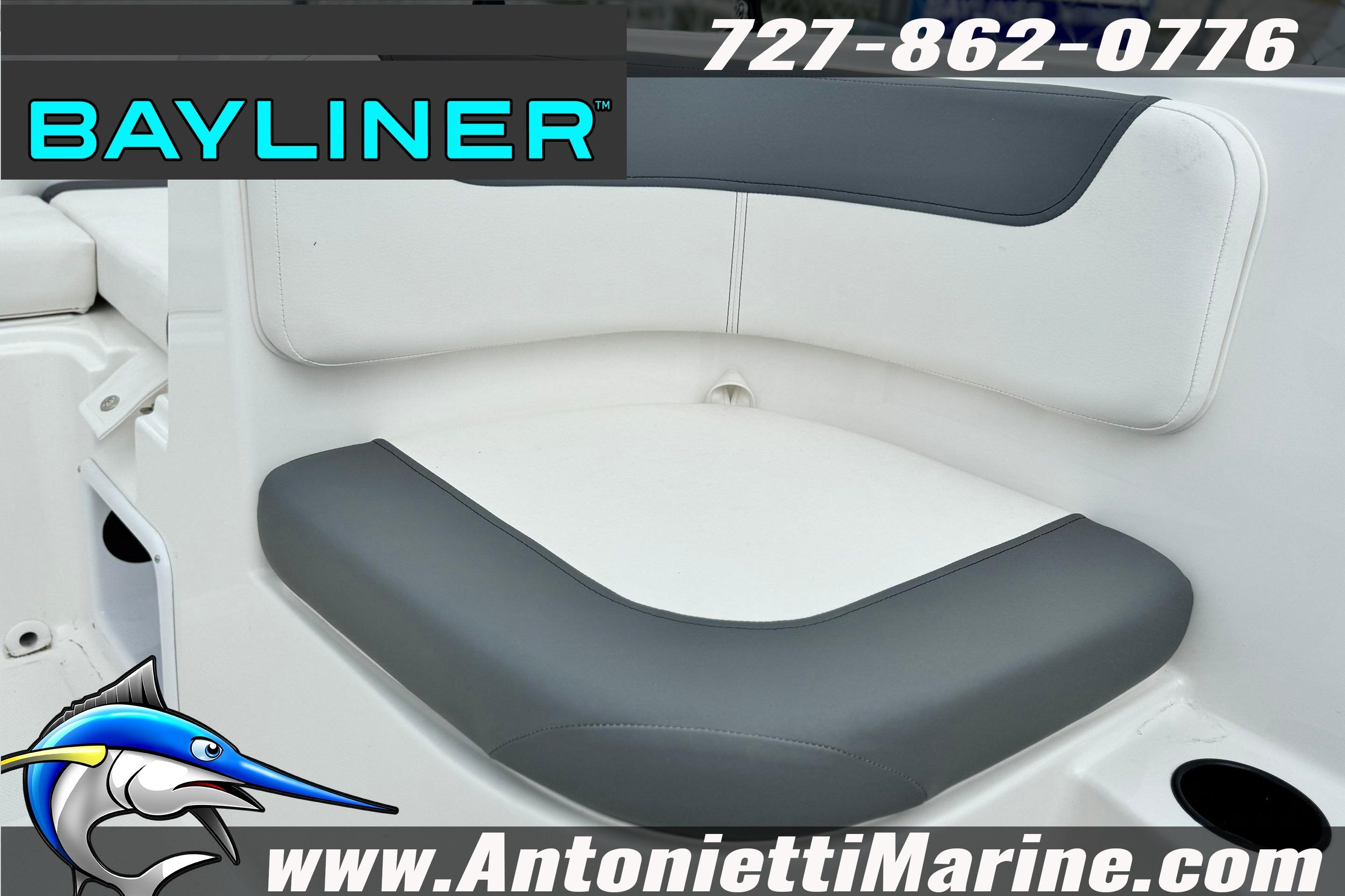 2026 Bayliner Element E16 boat seat with gray and white upholstery, Antonietti Marine branding.