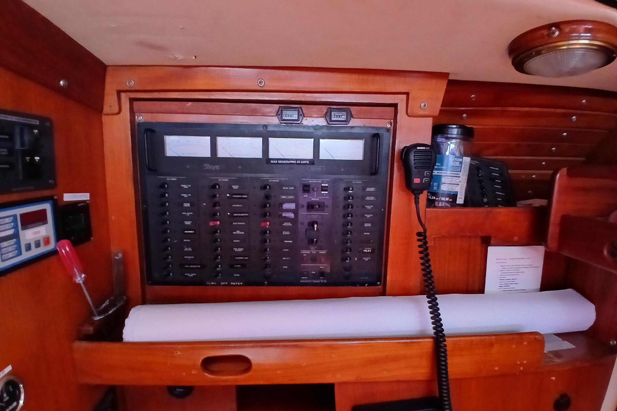 Control panel of a 1981 SKYE 51 yacht with navigation and communication equipment.