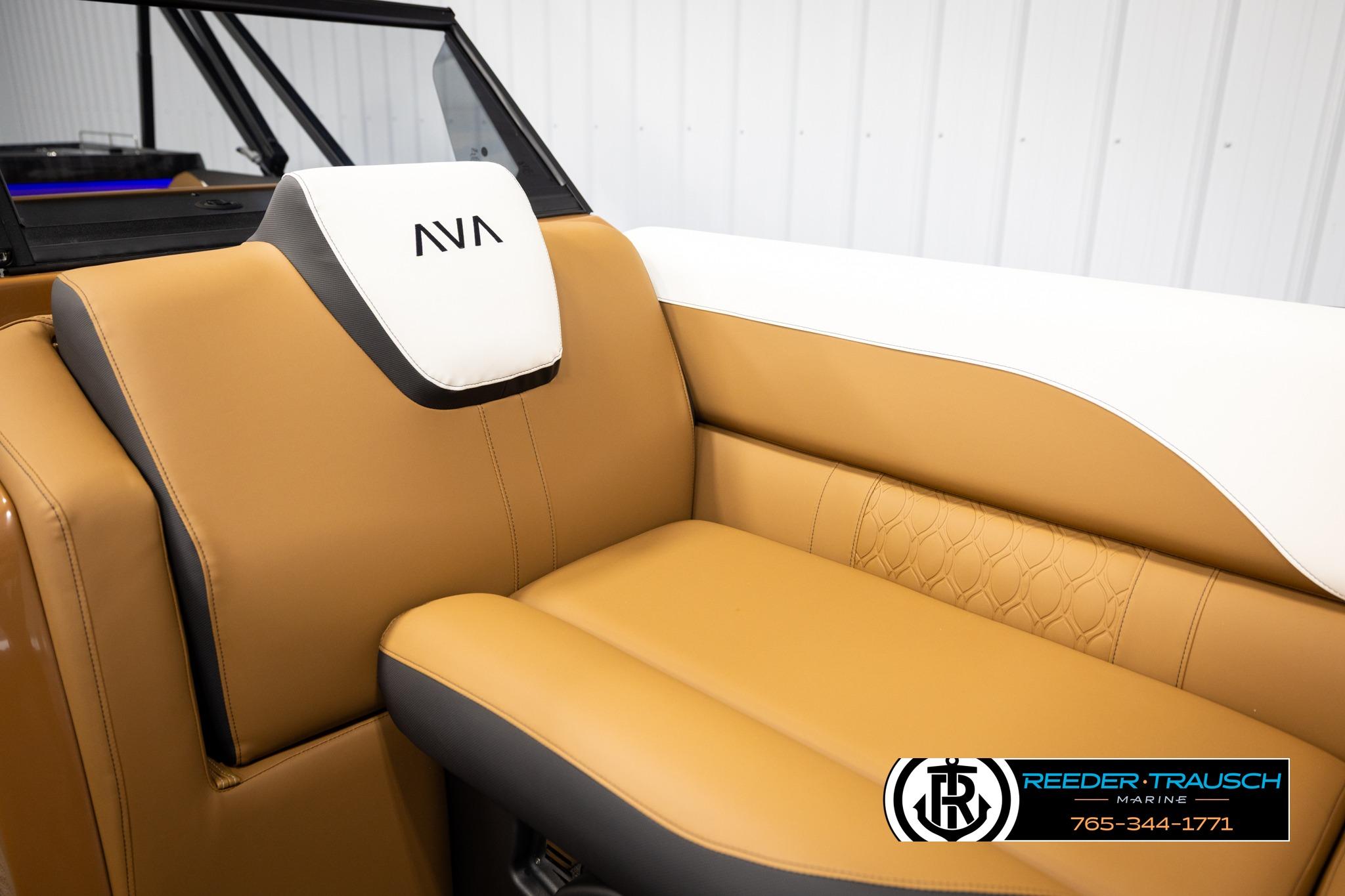 2026 Avalon LSZ ELW boat interior with tan and white seating, featuring modern design elements.