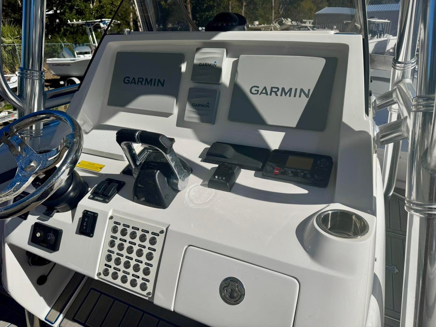 Intrepid 327 Nomad 2021 boat console with Garmin technology.