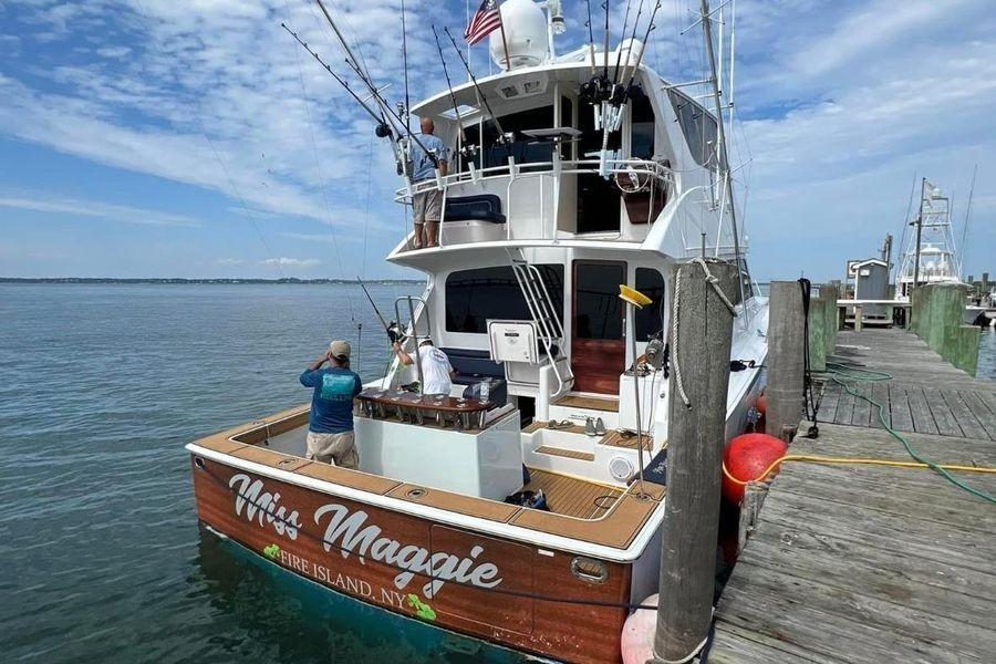 2002 Viking 61 Enclosed Bridge yacht docked, named "Miss Maggie," Fire Island, NY.