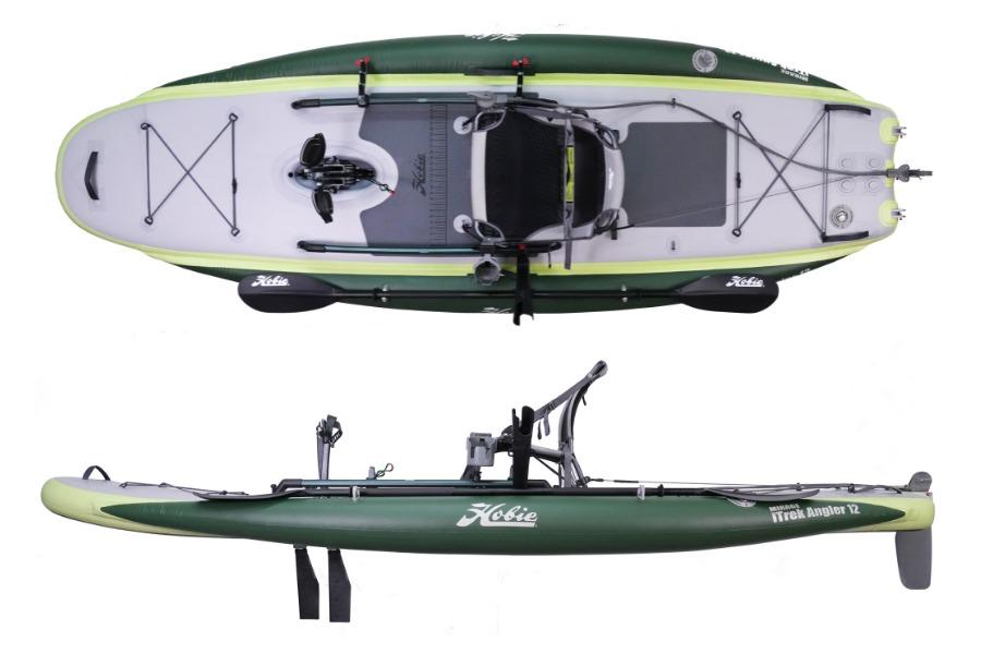 2026 White River iTrek Angler 10 Inflatable kayak, top and side views, green and gray design.