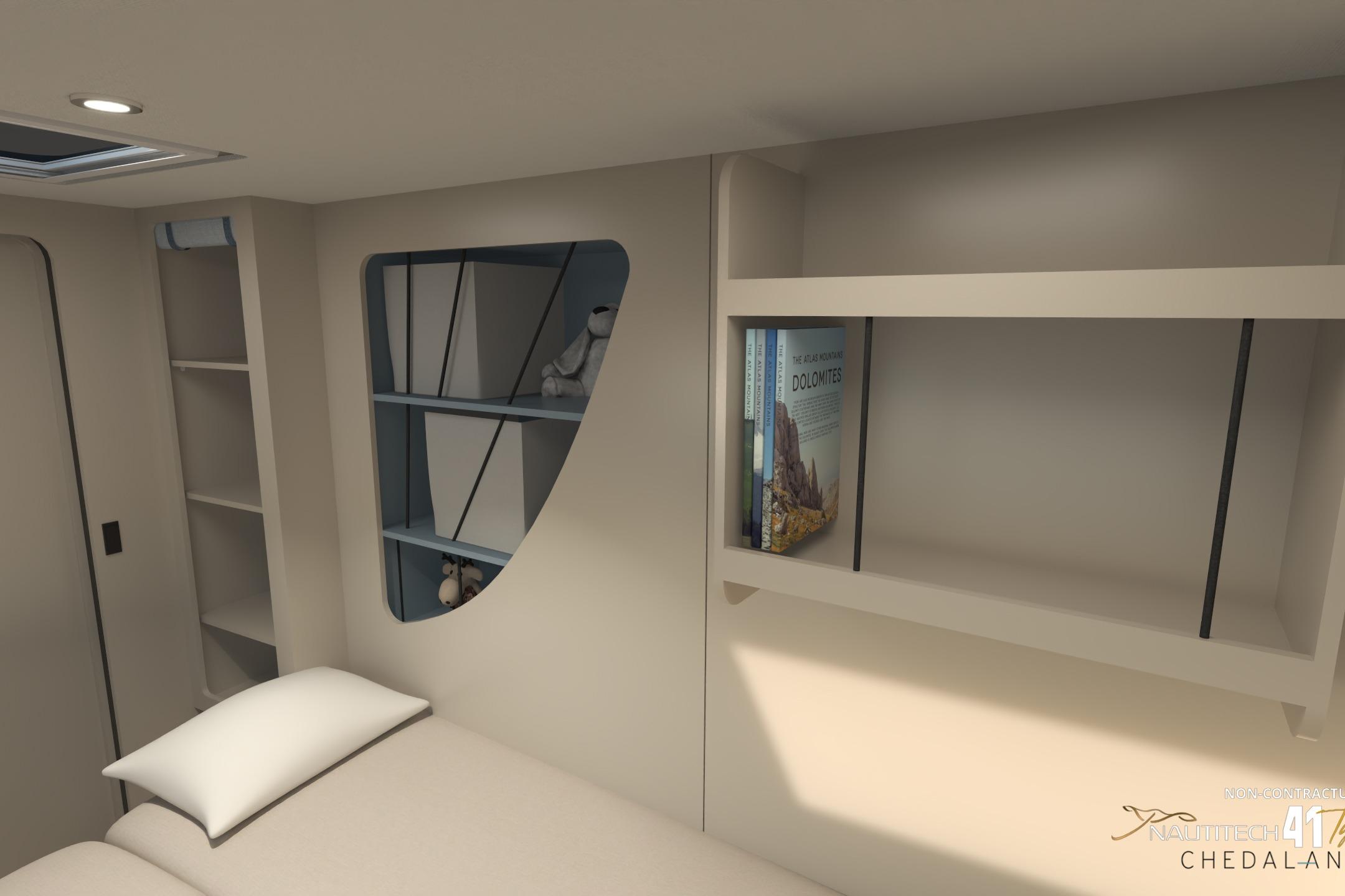 Interior of Nautitech 41 Type S 2026 with bookshelf.