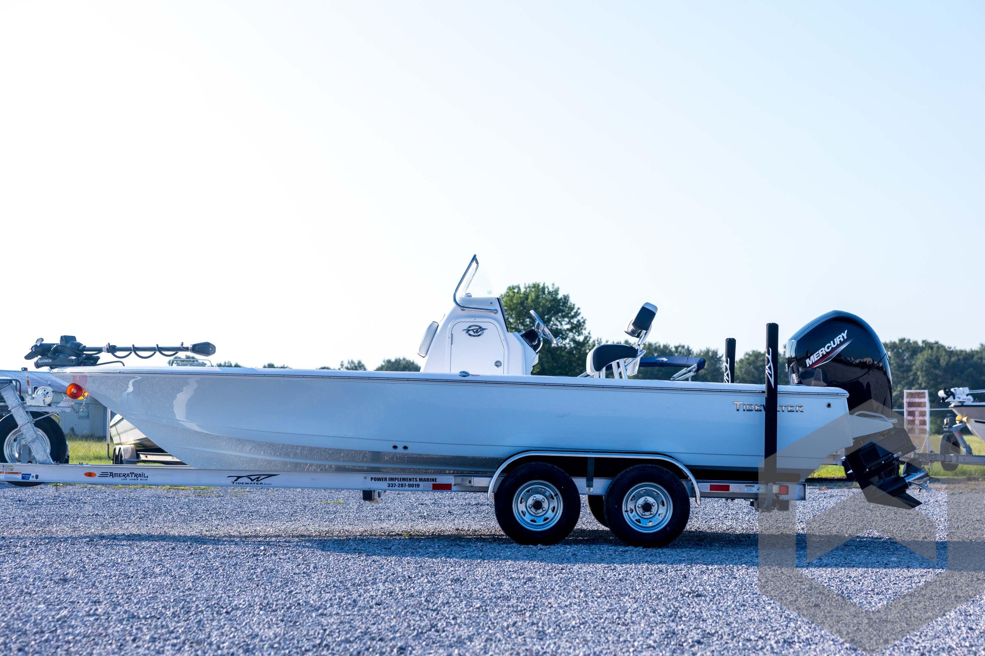 2026 Tidewater 2110 Bay Max boat on trailer, side view, outdoors.