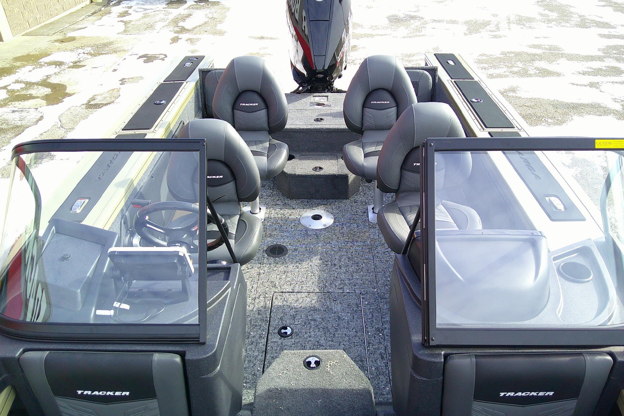 2026 Tracker Targa V-19 Combo boat interior with seating and steering console.