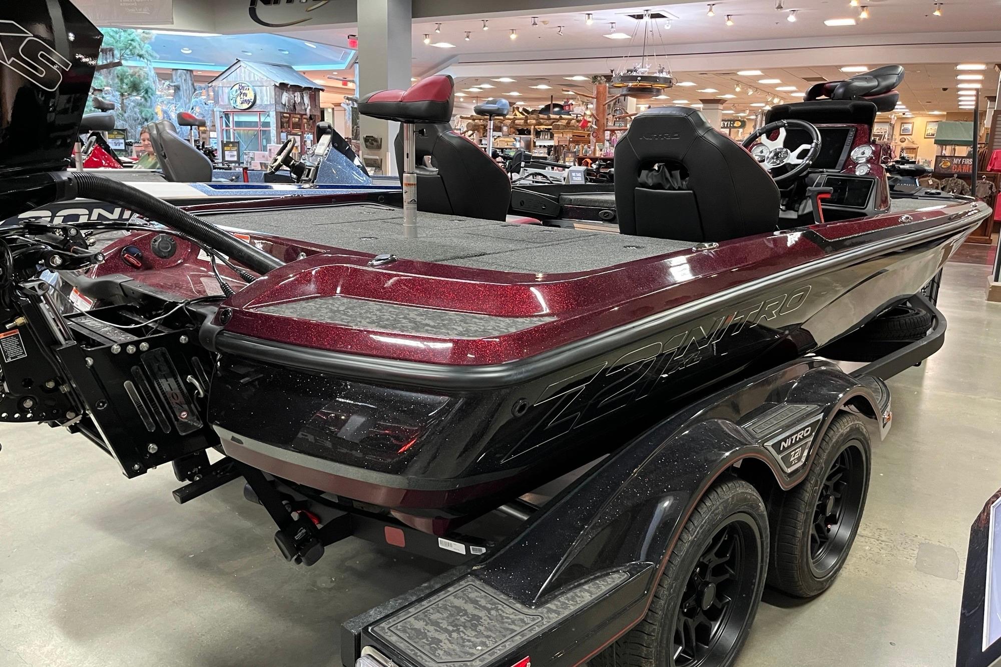 2026 Nitro Z21 XL Pro boat displayed indoors, showcasing sleek design and modern features.