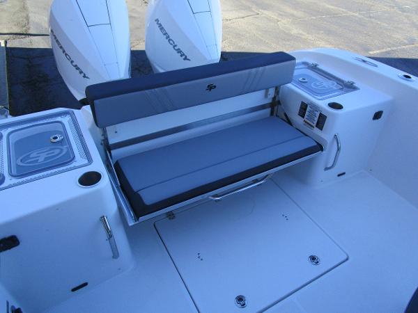 2025 Sea Pro 292 Offshore boat with Mercury engines and foldable seating.