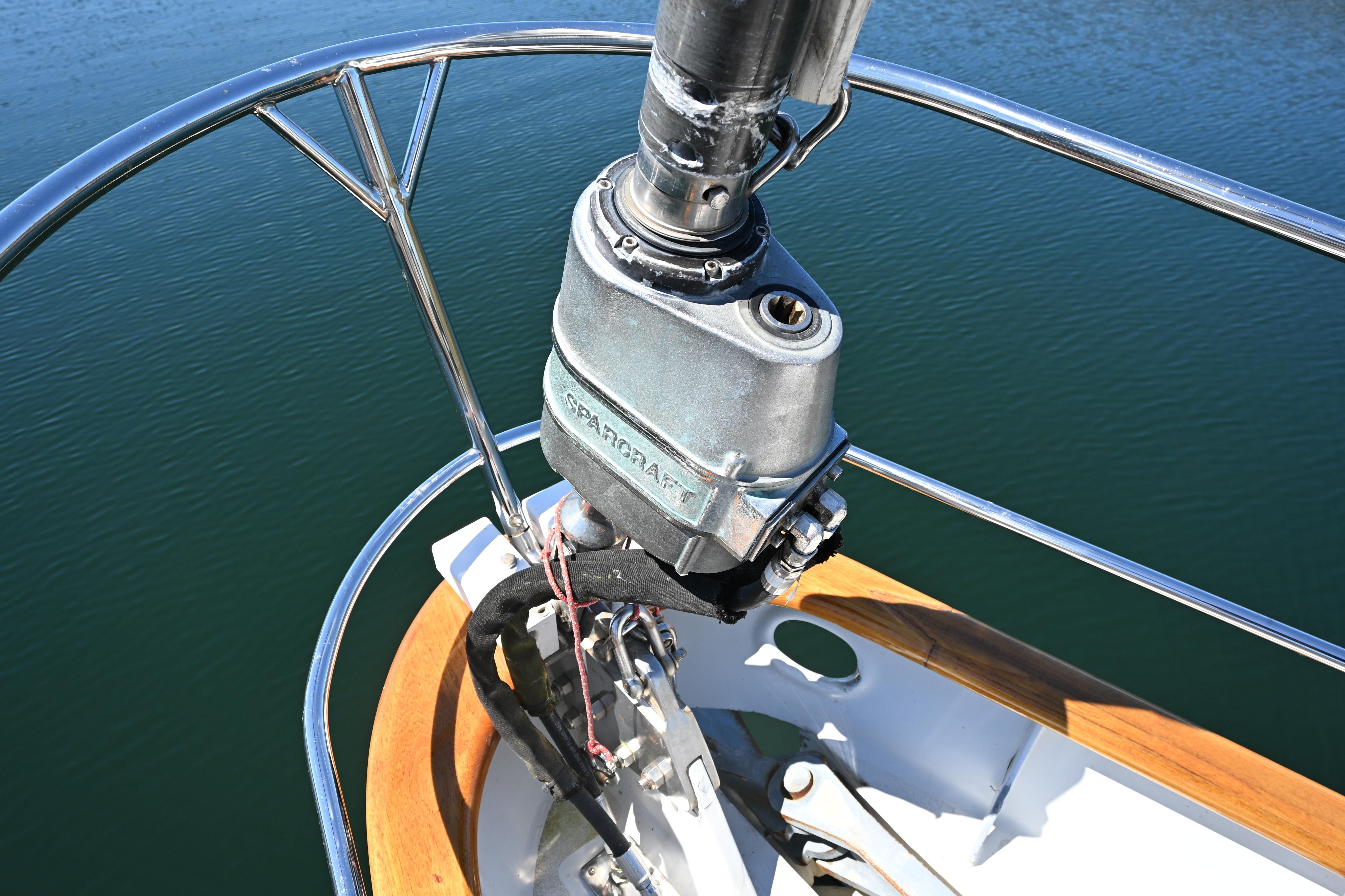 Close-up of a 1968 Abeking & Rasmussen Tripp 74 yacht's rigging and railing.