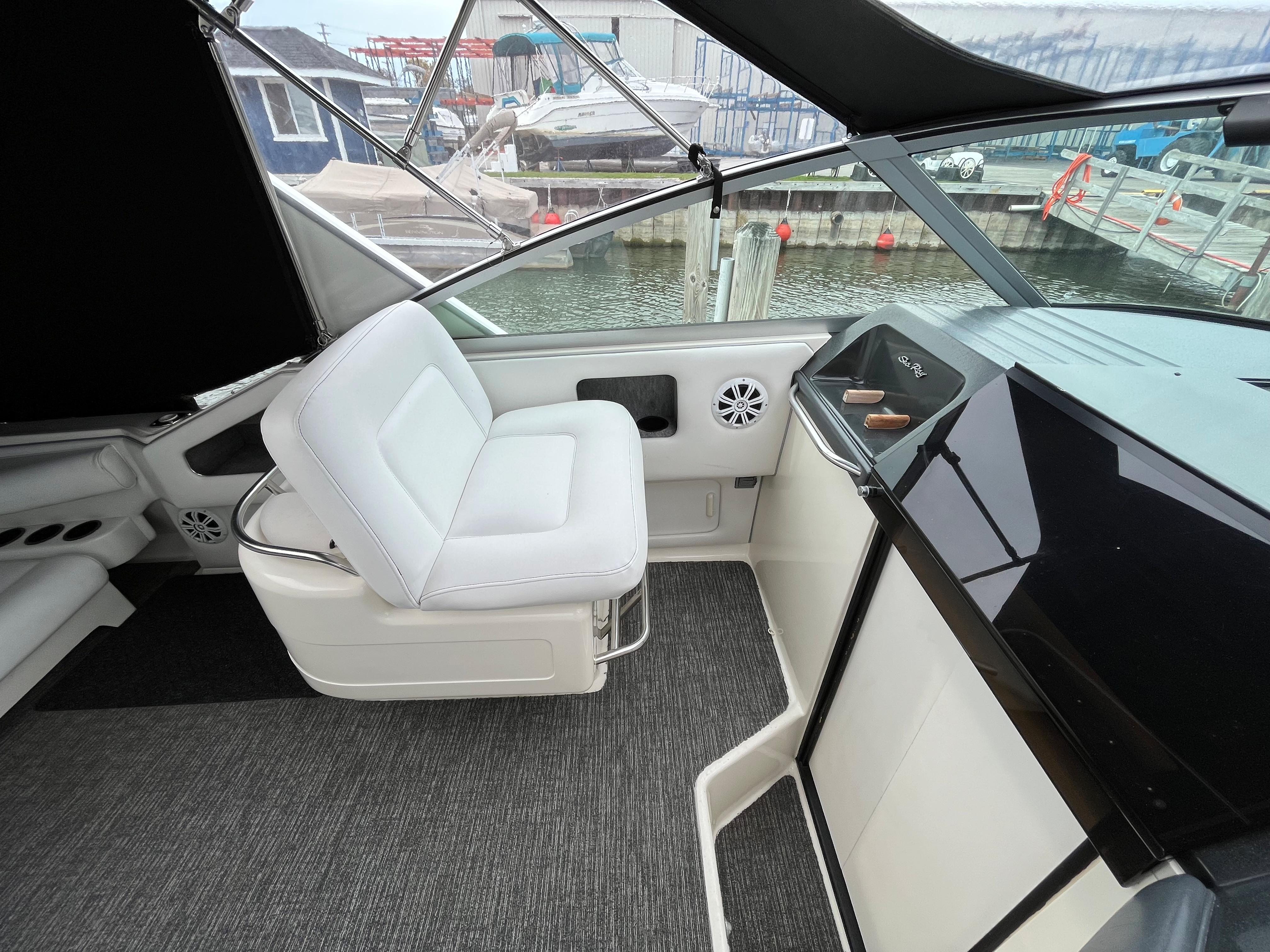 Interior of a 1993 Sea Ray 330 Express yacht at the dock.