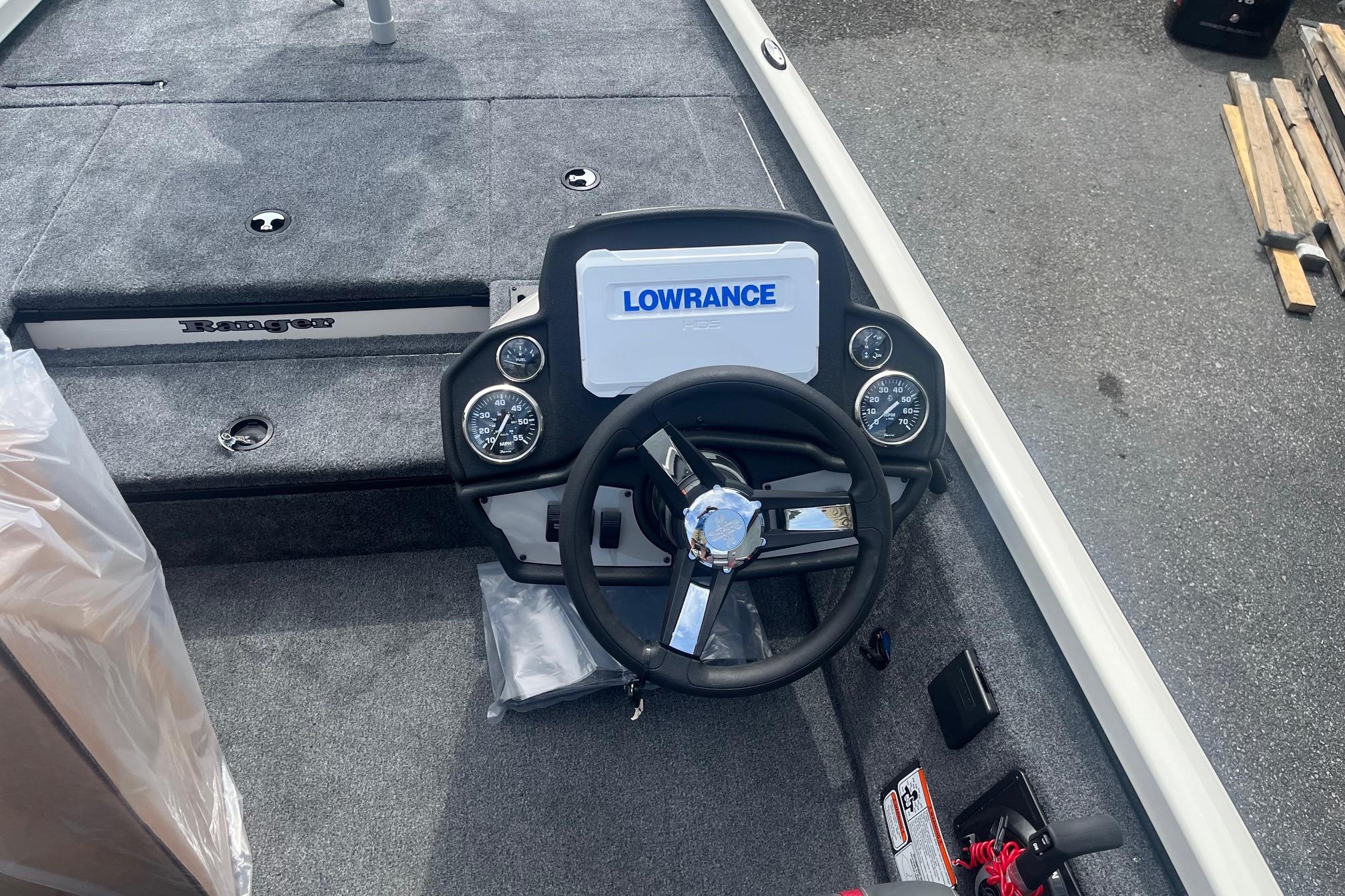 2025 Ranger RT178 boat dashboard with Lowrance display and steering wheel.