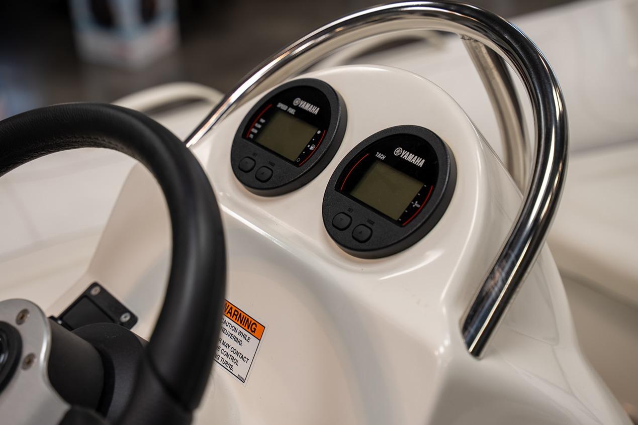 Steering console of 2026 Zodiac Yachtline 360 with Yamaha gauges.