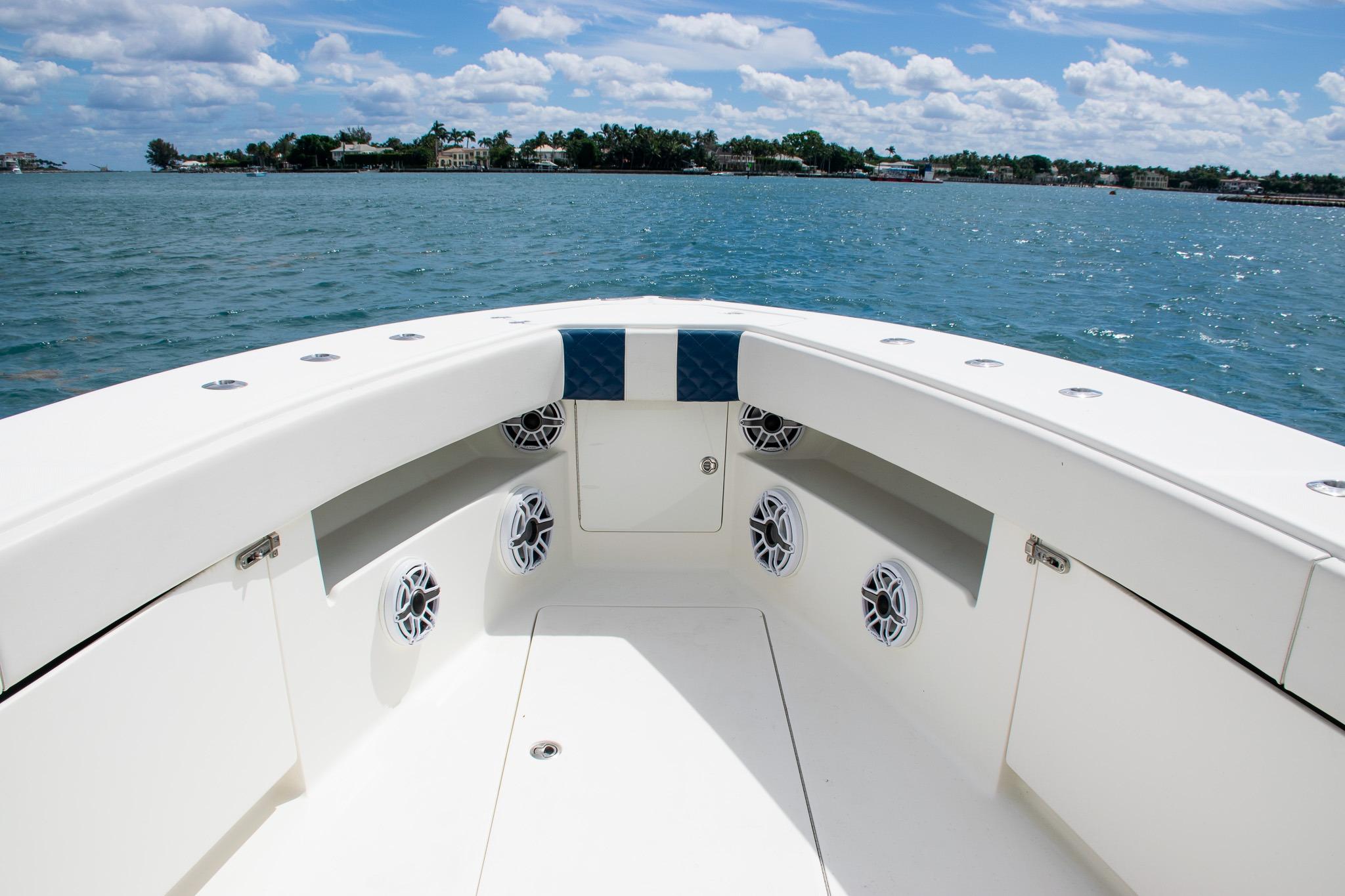 2022 SeaVee 390Z boat interior with speakers, on a sunny day at sea.