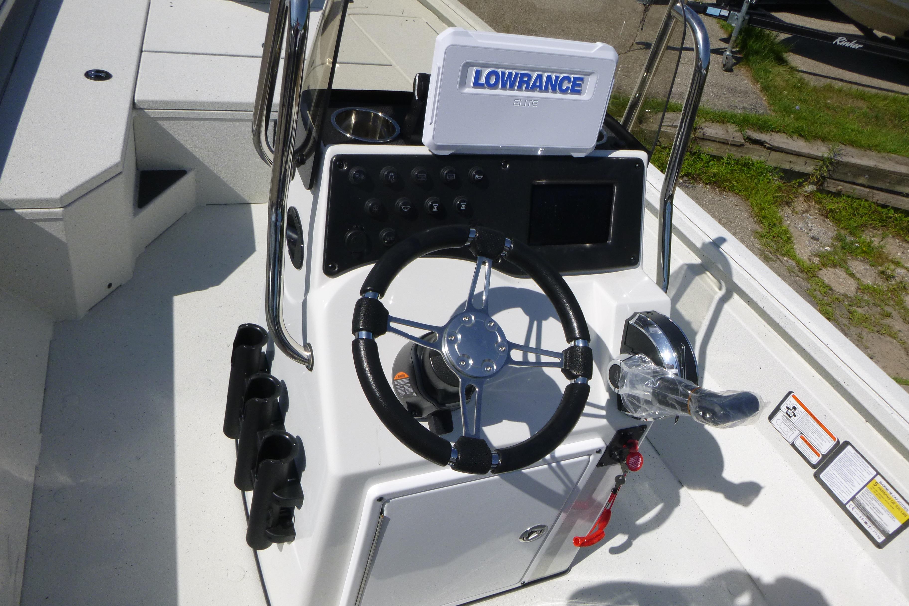 2025 Ranger RB210 boat console with steering wheel and Lowrance Elite display.