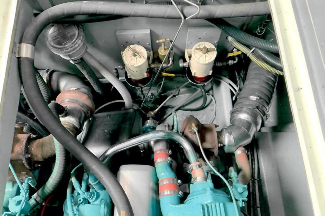 Engine compartment of a 1989 Fairey Spearfish MKIII with visible hoses and components.