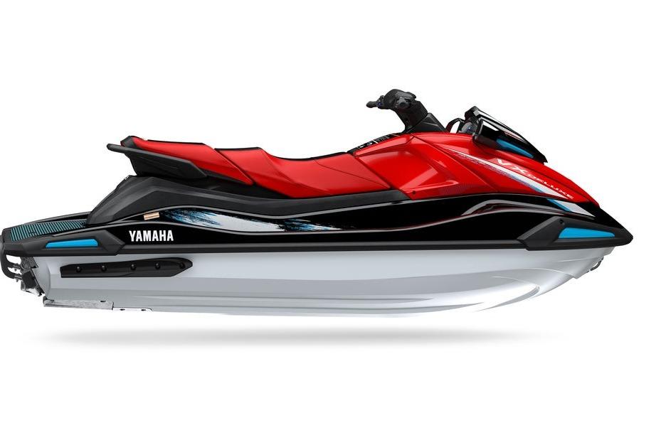 2026 Yamaha WaveRunner VX Deluxe in vibrant red and black design, side view.