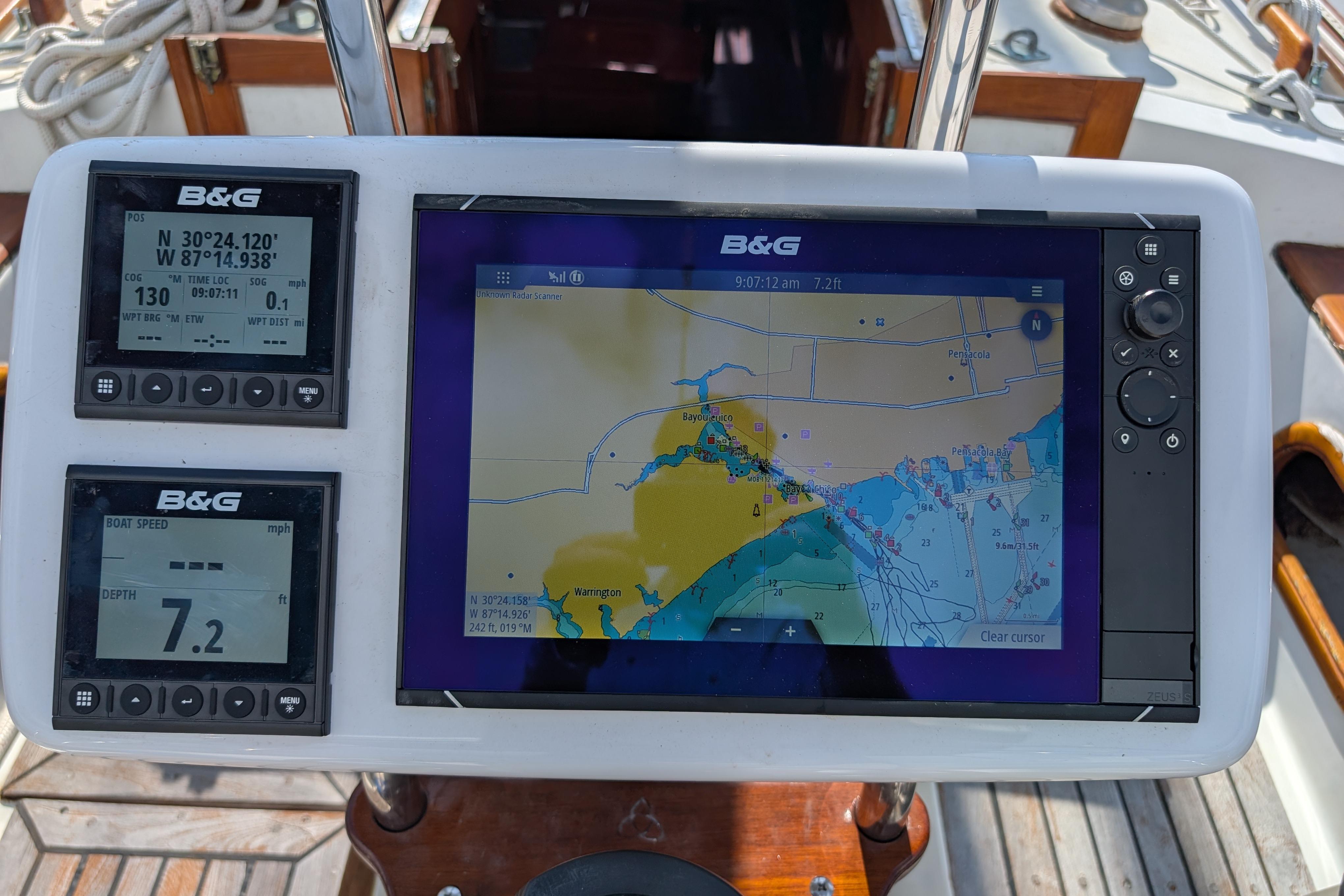 Navigation system on a 1983 Robert Perry 41 sailboat, displaying maps and coordinates.