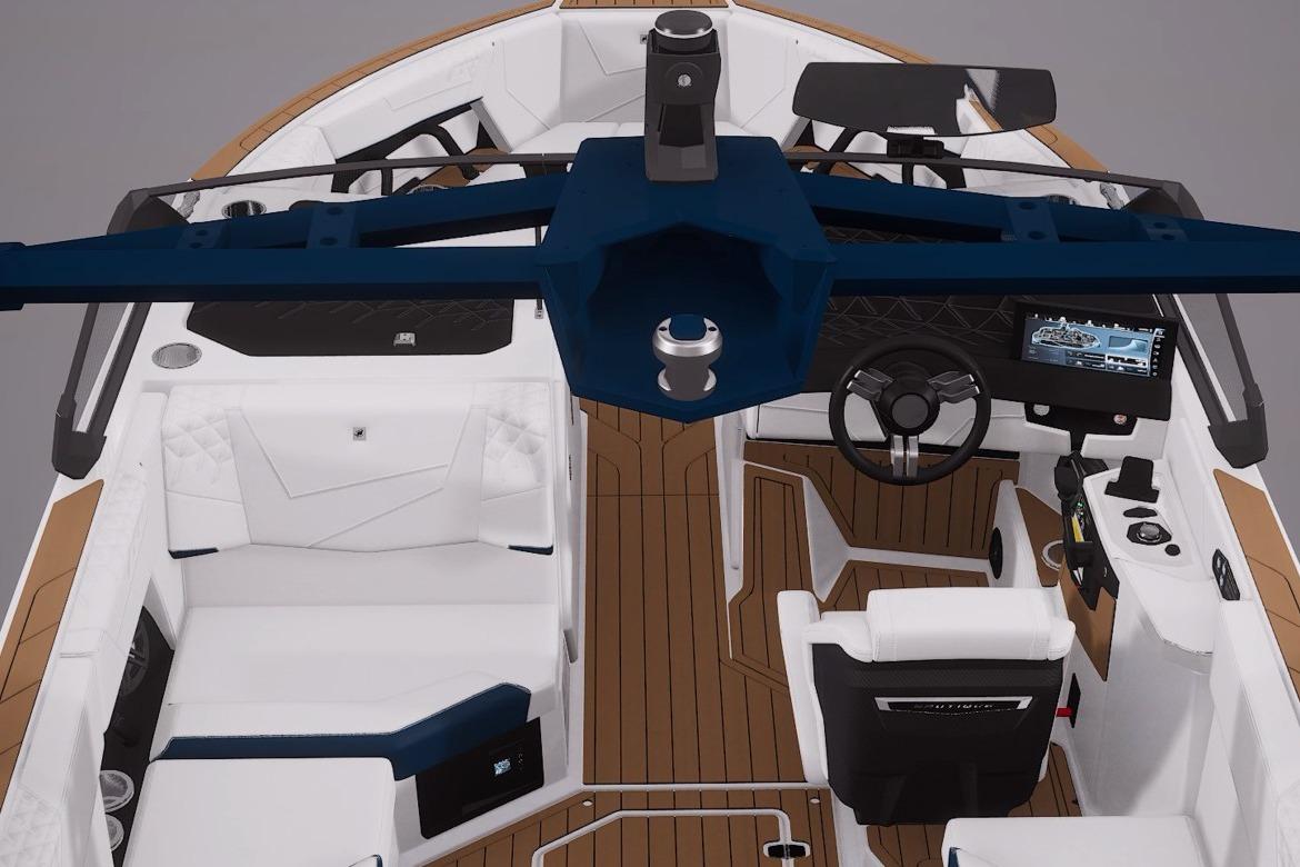 2027 Nautique Super Air Nautique S23 interior with modern helm, touchscreen, and luxurious seating.
