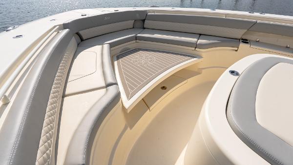 Luxurious seating area on 2025 Scout 425 LXF boat, featuring elegant design and comfort.