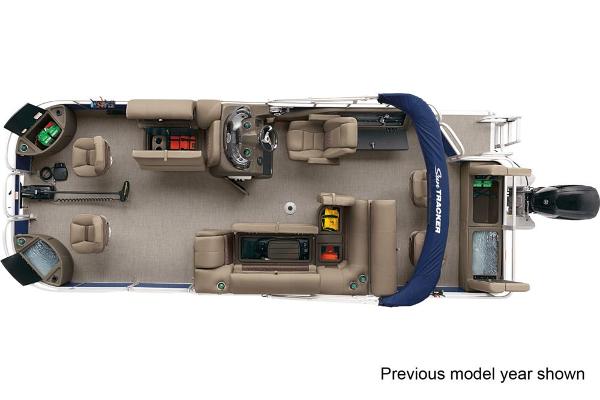 Overhead view of a pontoon boat with seating and a helm station.