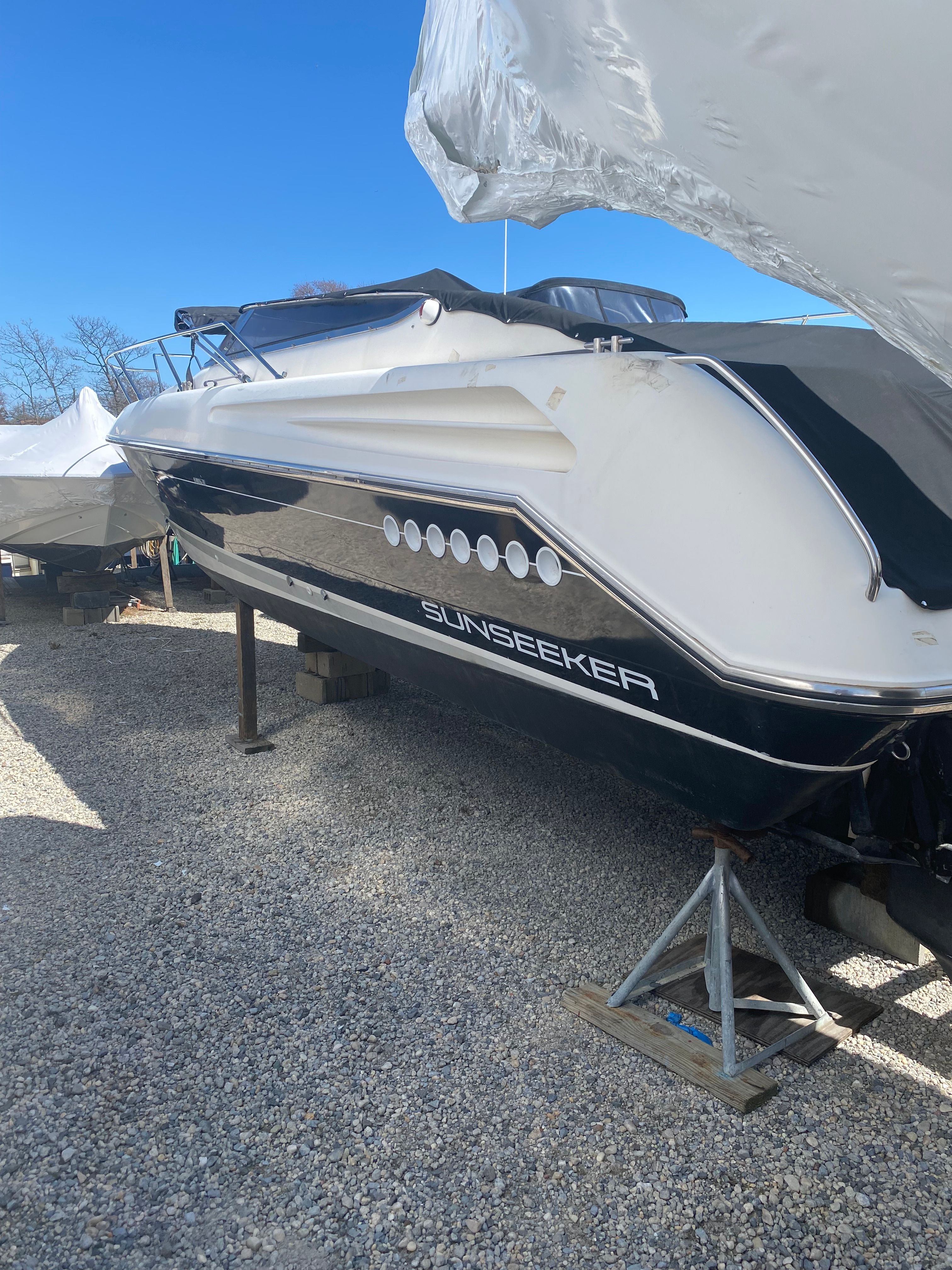 1994 Sunseeker Hawk 31 on a boat stand.