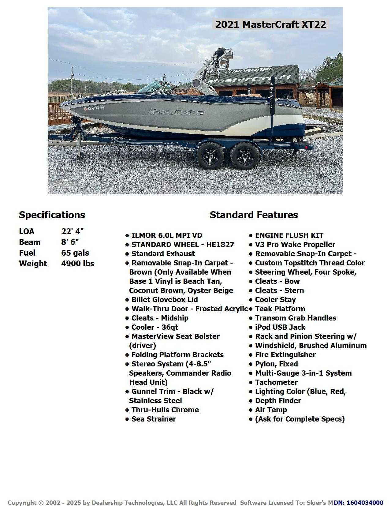 2021 MasterCraft XT22 boat with specifications and features listed.