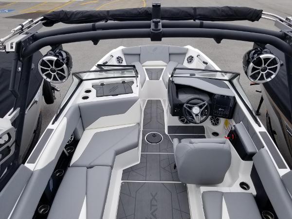 2023 ATX Surf Boats 20 Type-S interior with gray seating and advanced dashboard.