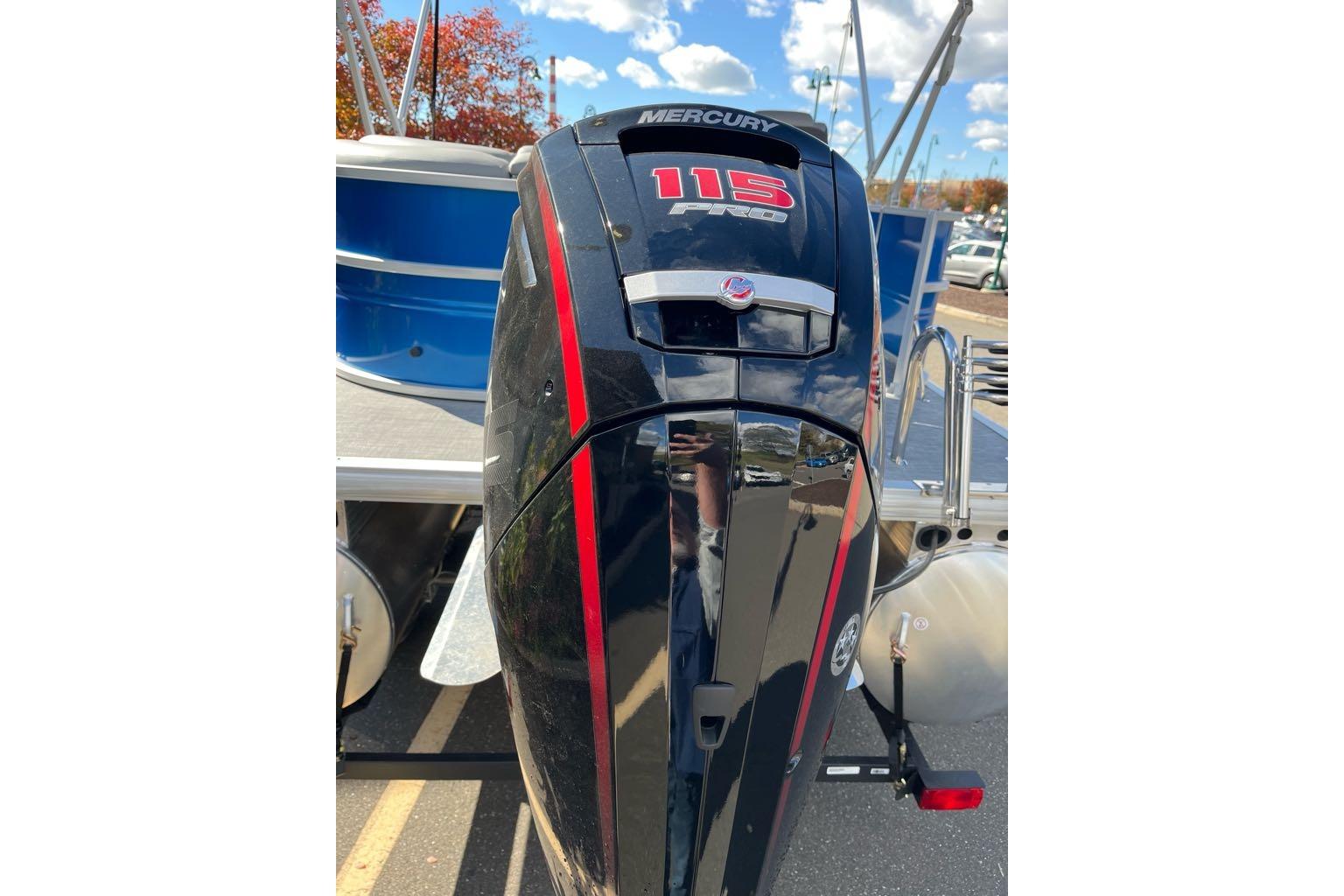 Mercury 115 Pro XS engine on 2026 Sun Tracker Party Barge 20 DLX pontoon boat.