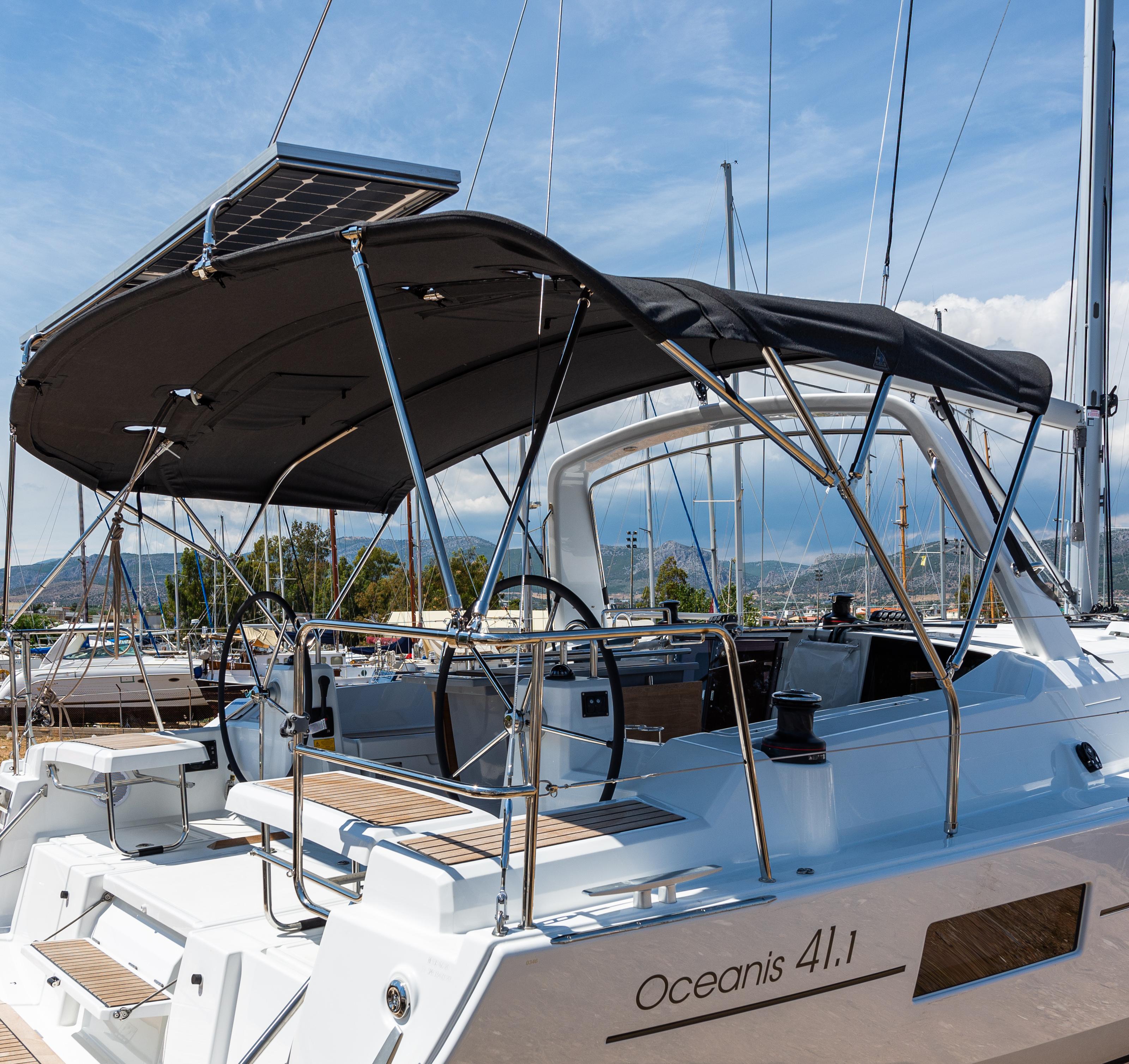 2020 Beneteau Oceanis 41.1 sailboat with solar panel and cockpit canopy.