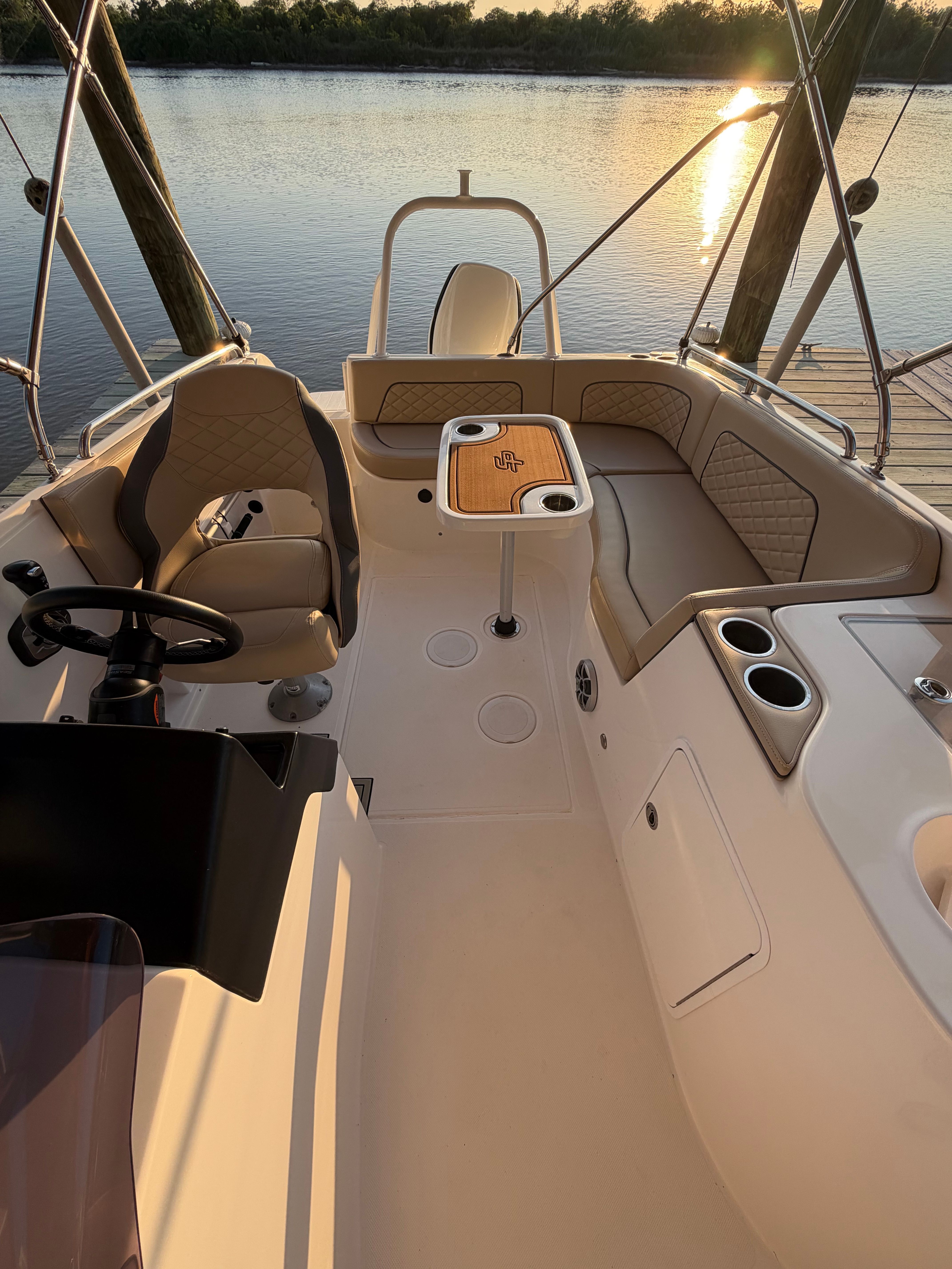 Interior of a 2021 Sea Pro Citation boat at sunset.