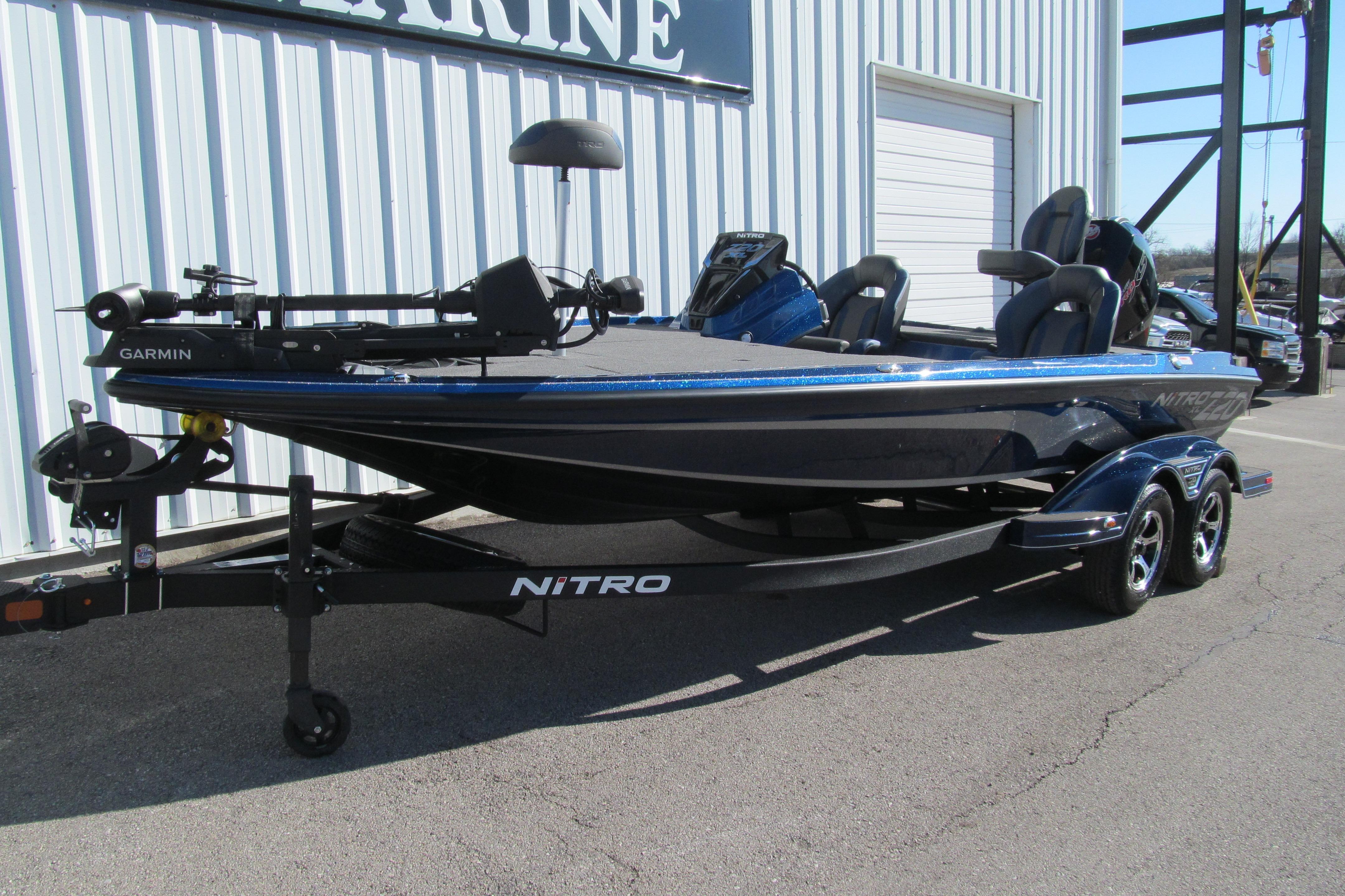 2026 Nitro Z20 XL Pro fishing boat with Garmin equipment, parked on a trailer.