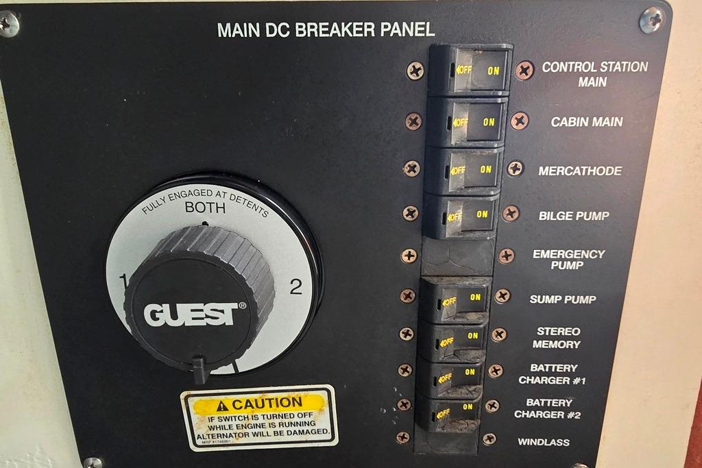 Main DC breaker panel on 2006 Sea Ray 240 Sundancer boat.