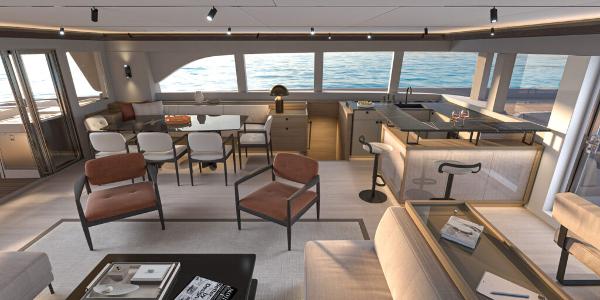 Luxurious Lagoon 83 yacht interior, 2025 model, featuring elegant seating and ocean views.