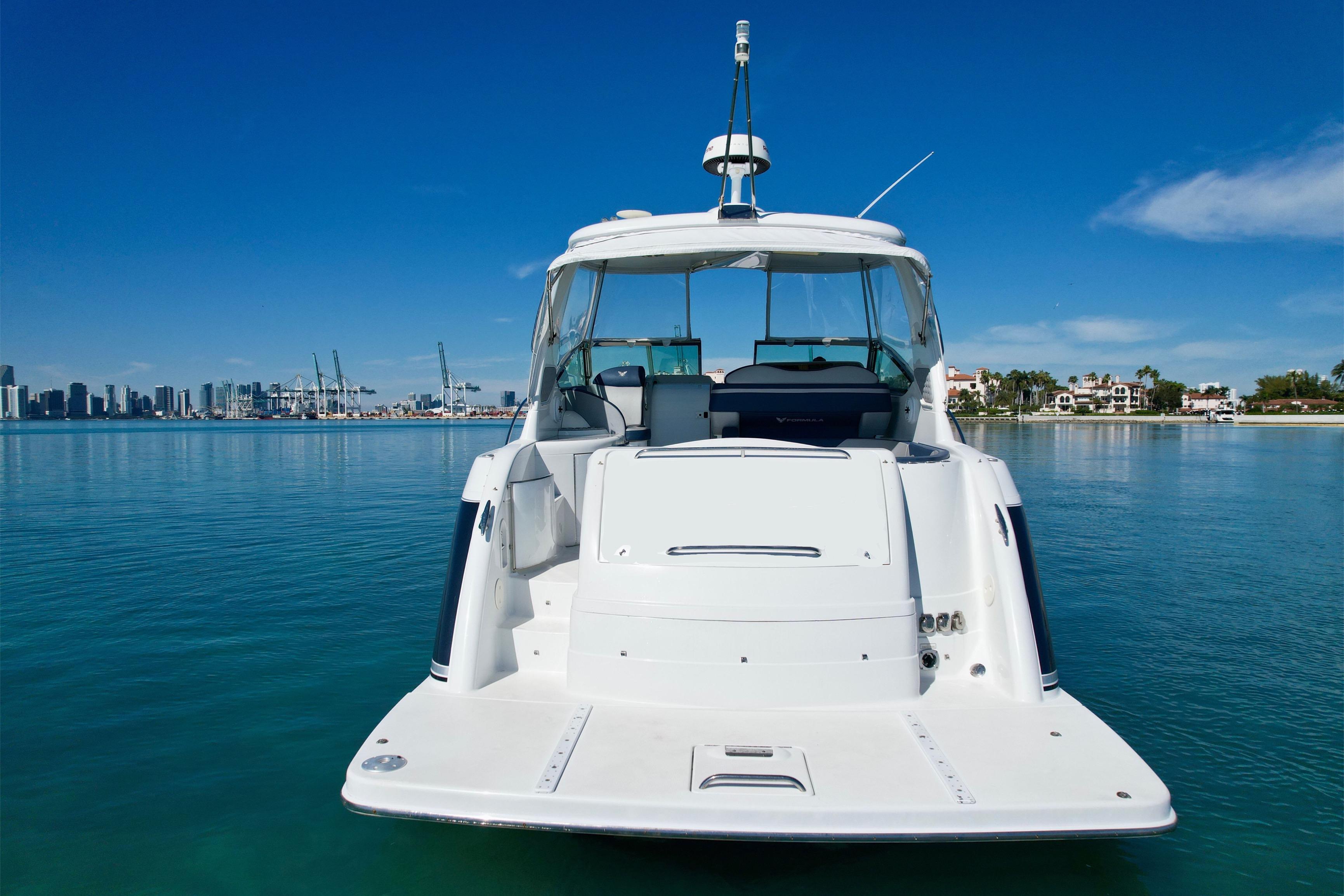 2006 Formula 40 Performance Cruiser on calm water with city skyline in background.